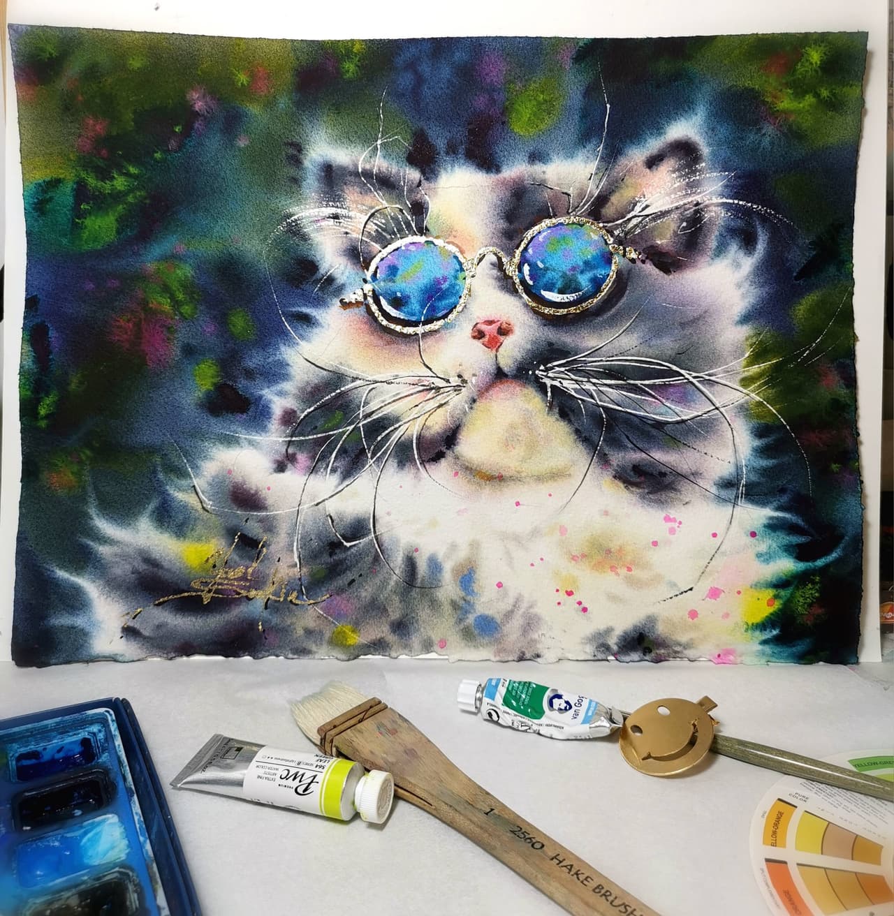  Original Glamour Watercolor Cat Painting - Stylish Modern Wall Art — image 1
