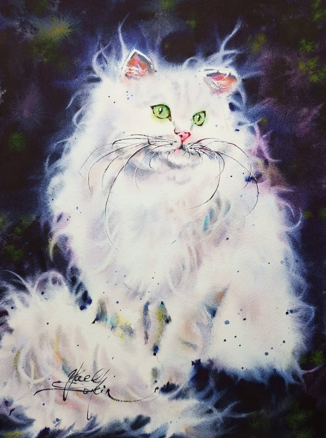 White fluffy cat artwork Original watercolor painting — image 1