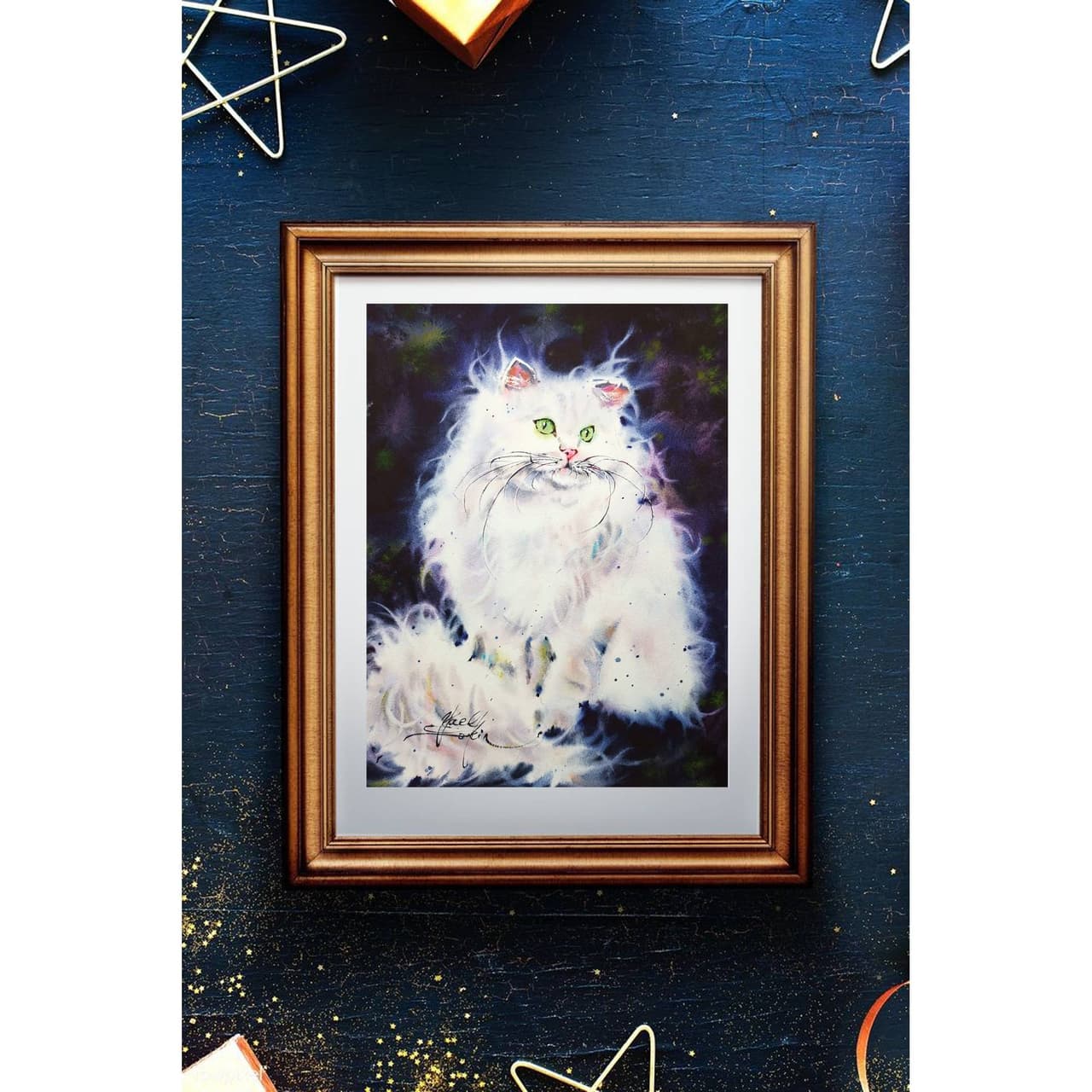 White fluffy cat artwork Original watercolor painting — image 2