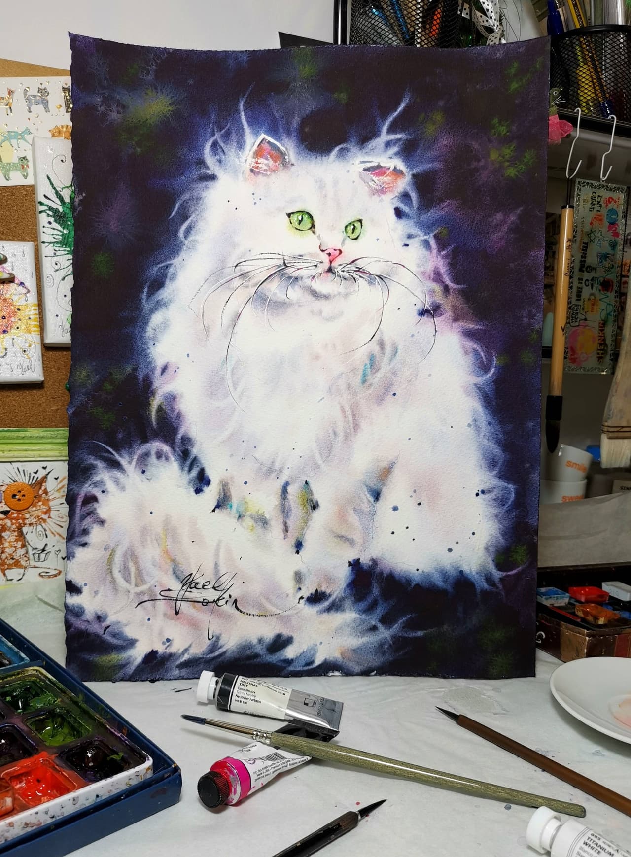 White fluffy cat artwork Original watercolor painting — image 3