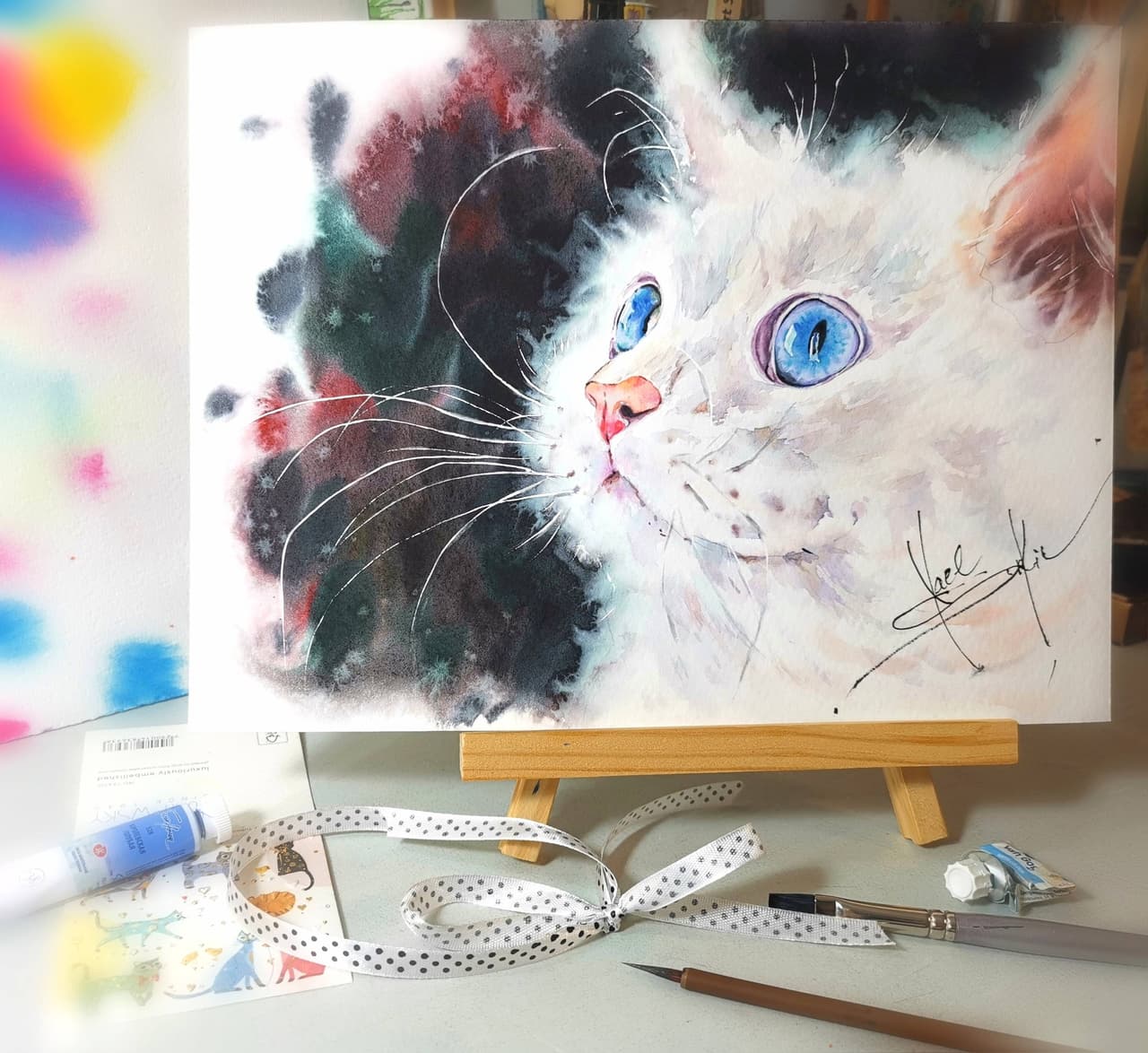 White cat painting Original watercolor artwork — image 2