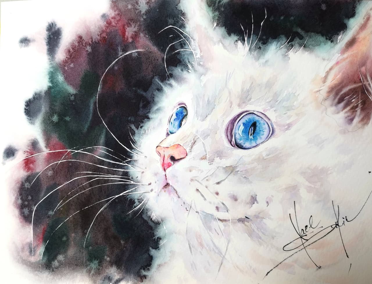 White cat painting Original watercolor artwork — image 1