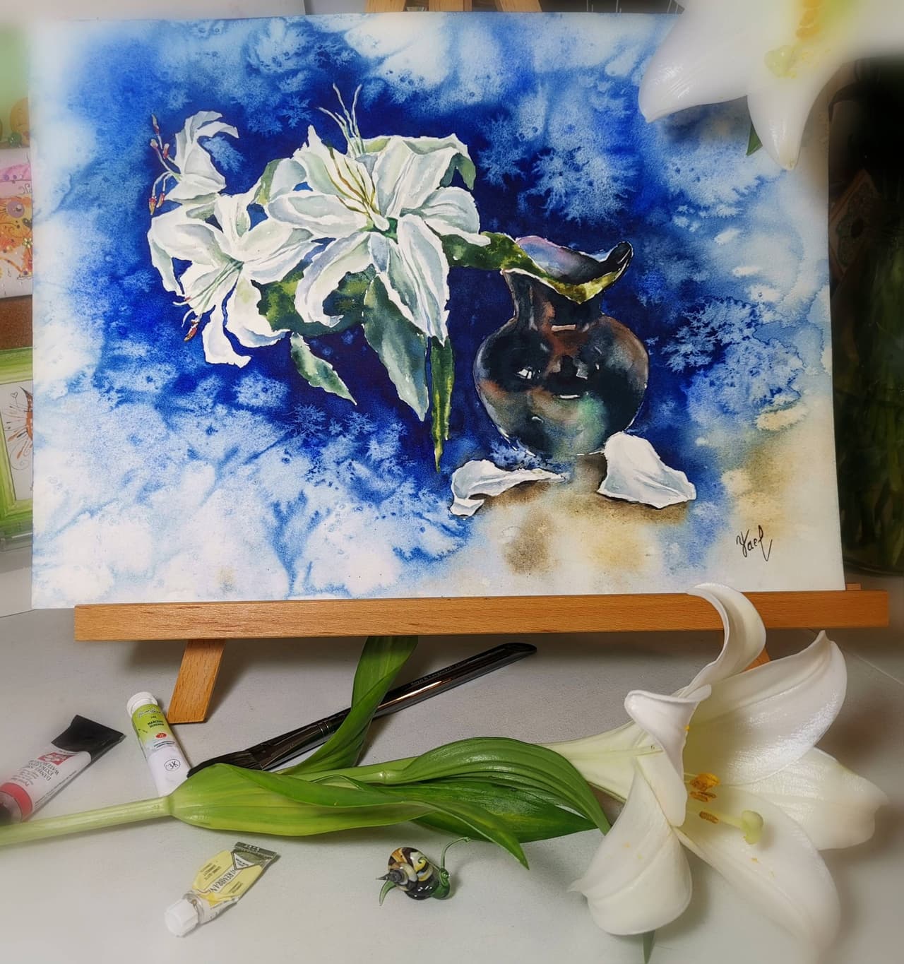 Original Watercolor White Lilies Painting - Floral Still Life Wall Art — image 4