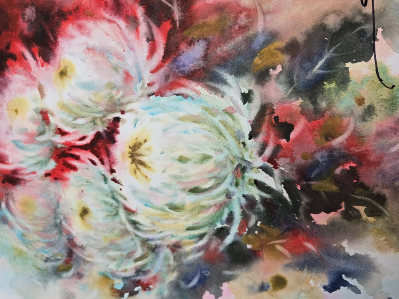 Original Watercolor White Chtysanthemum Flowers Painting - Floral Wall Art — image 3