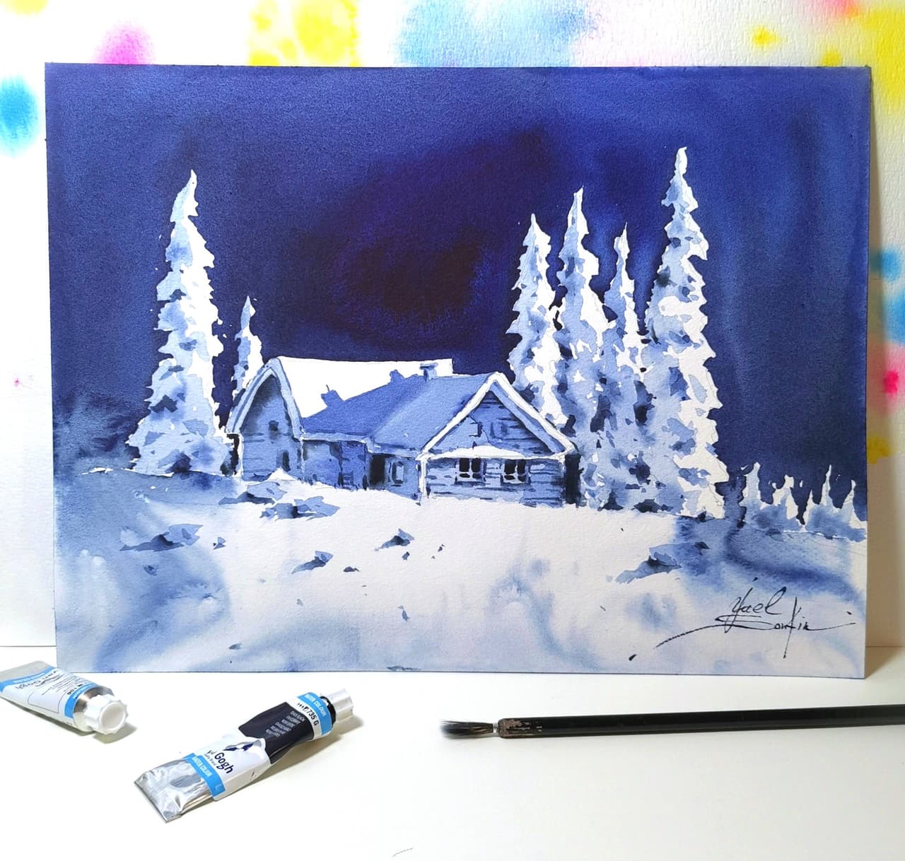 Original Watercolor Winter Night Landscape Painting - Snowy Scene Wall Art — image 1