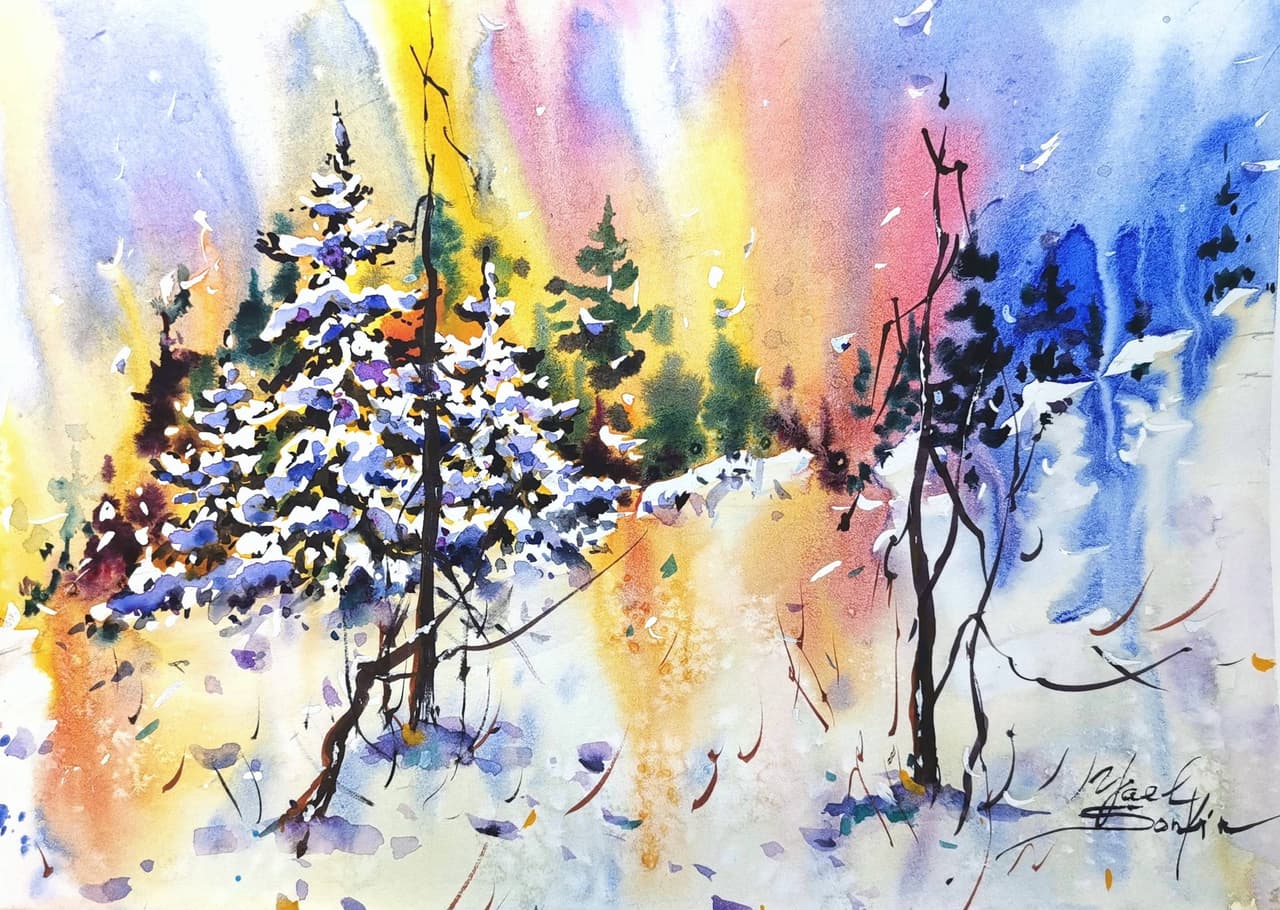 Original watercolor painting “Winter Sunset” by Yael Natali - snowy forest landscape with pine trees, sunset sky, and colorful reflections on the snow. Winter scenery artwork in soft shades of blue, violet, and gold, peaceful and atmospheric nature painting