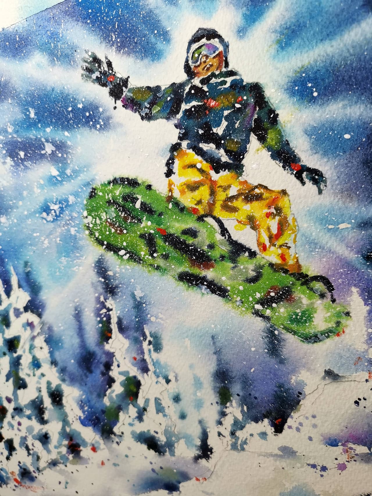 Original Watercolor Snowboard Painting - Extreme Winter Sport Wall Art — image 1