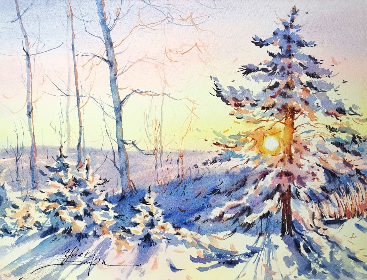 ORIGINAL watercolor WINTER landscape Canada painting Sunrise artwork  — image 1
