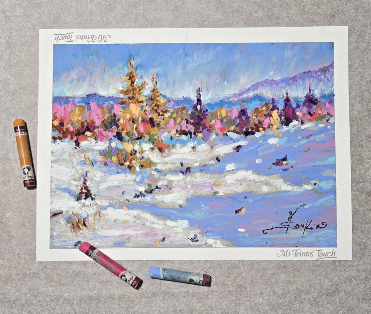 Original Oil Pastel Winter Landscape Painting - Snowy Forest Wall Art — image 3
