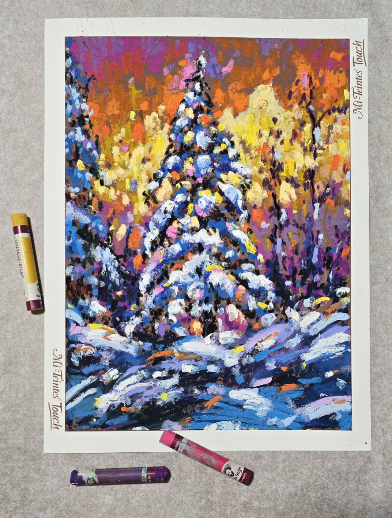Original Oil Pastel Winter Sunset Landscape Painting - Pine Tree Wall Art — image 2