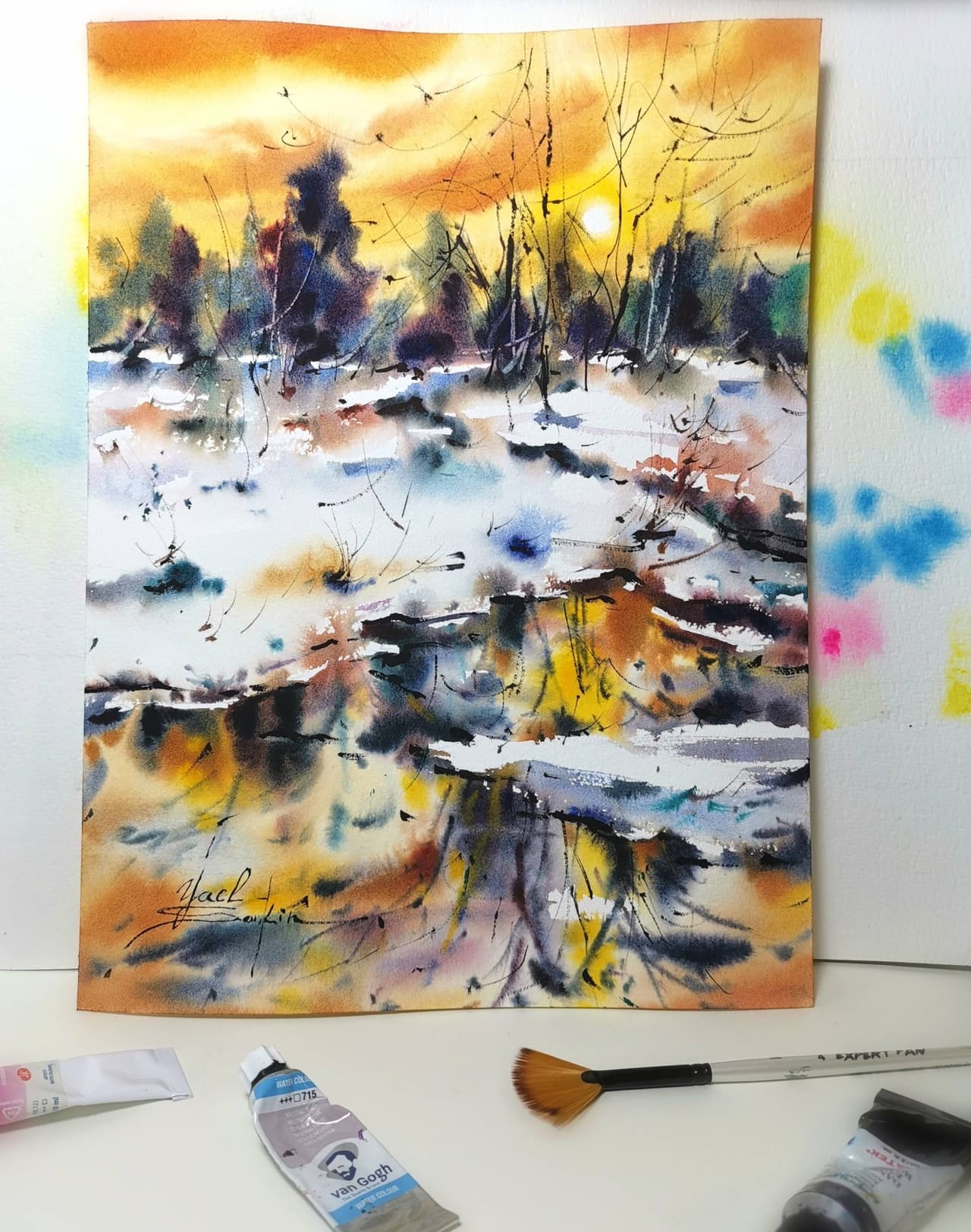 Original Watercolor Winter Sunset Landscape with Reflections — image 1