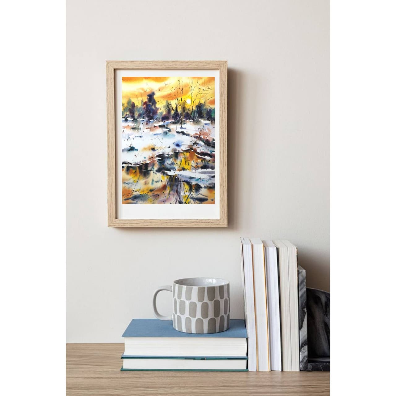 Original Watercolor Winter Sunset Landscape with Reflections — image 2