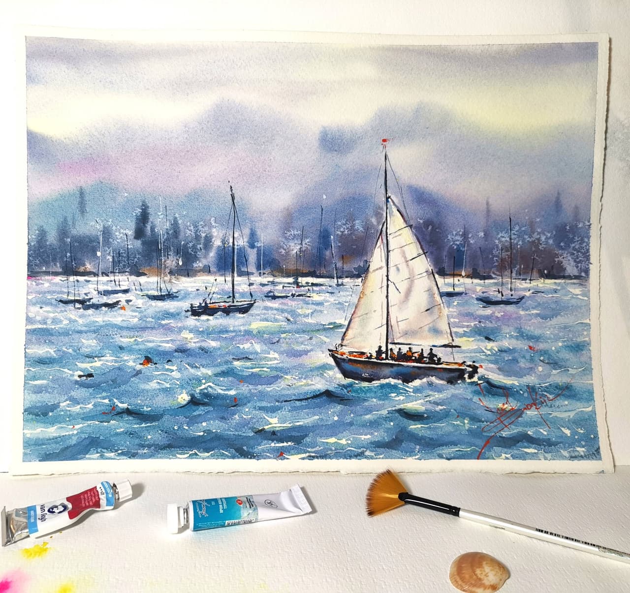 Original Watercolor Yacht Regatta Painting - Seascape Wall Art — image 1