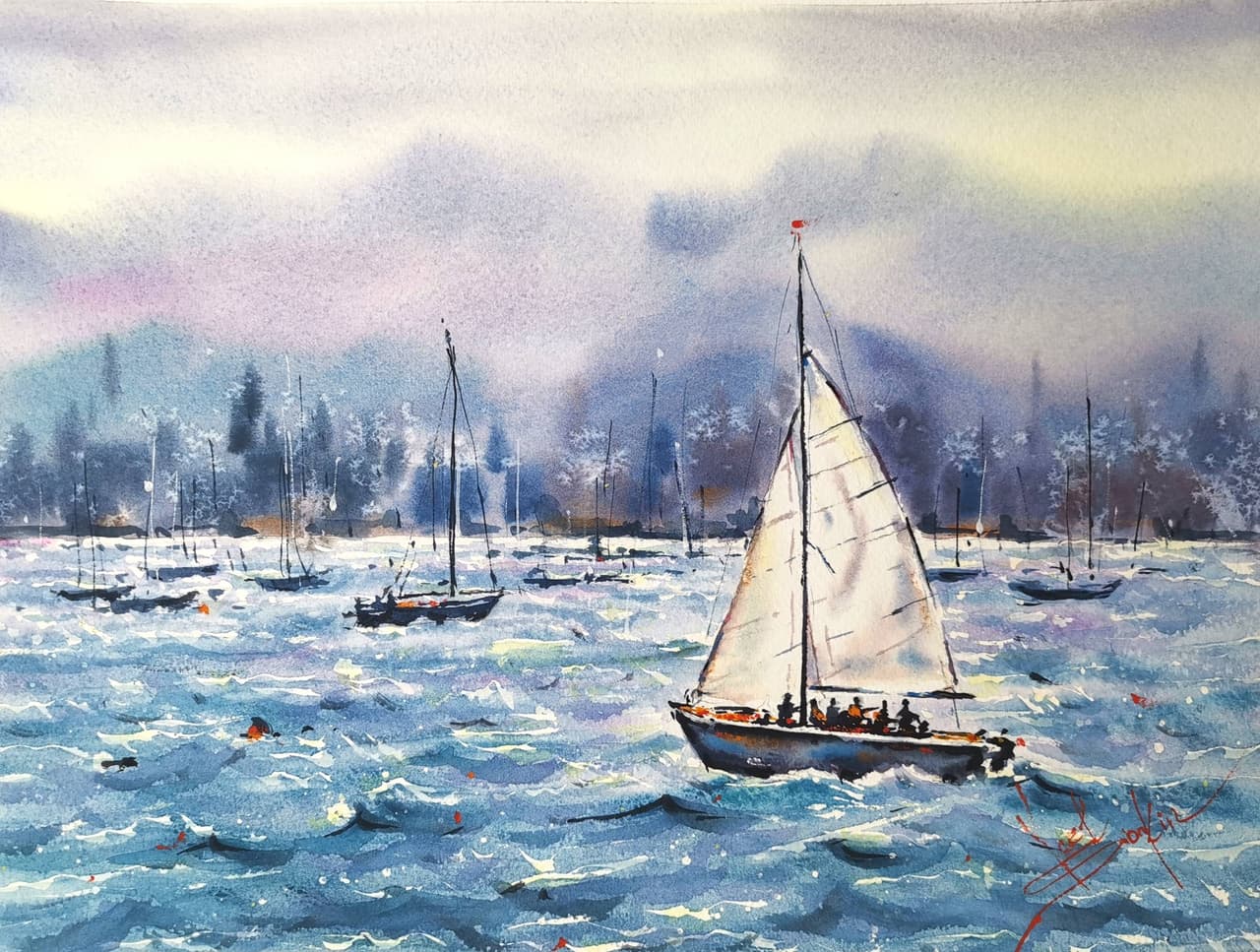 Original watercolor painting “Yacht Regatta” by Yael Natali — sailing boats on a windy sea, watercolor seascape with waves and yachts, nautical wall art, ocean painting 11x15 inches