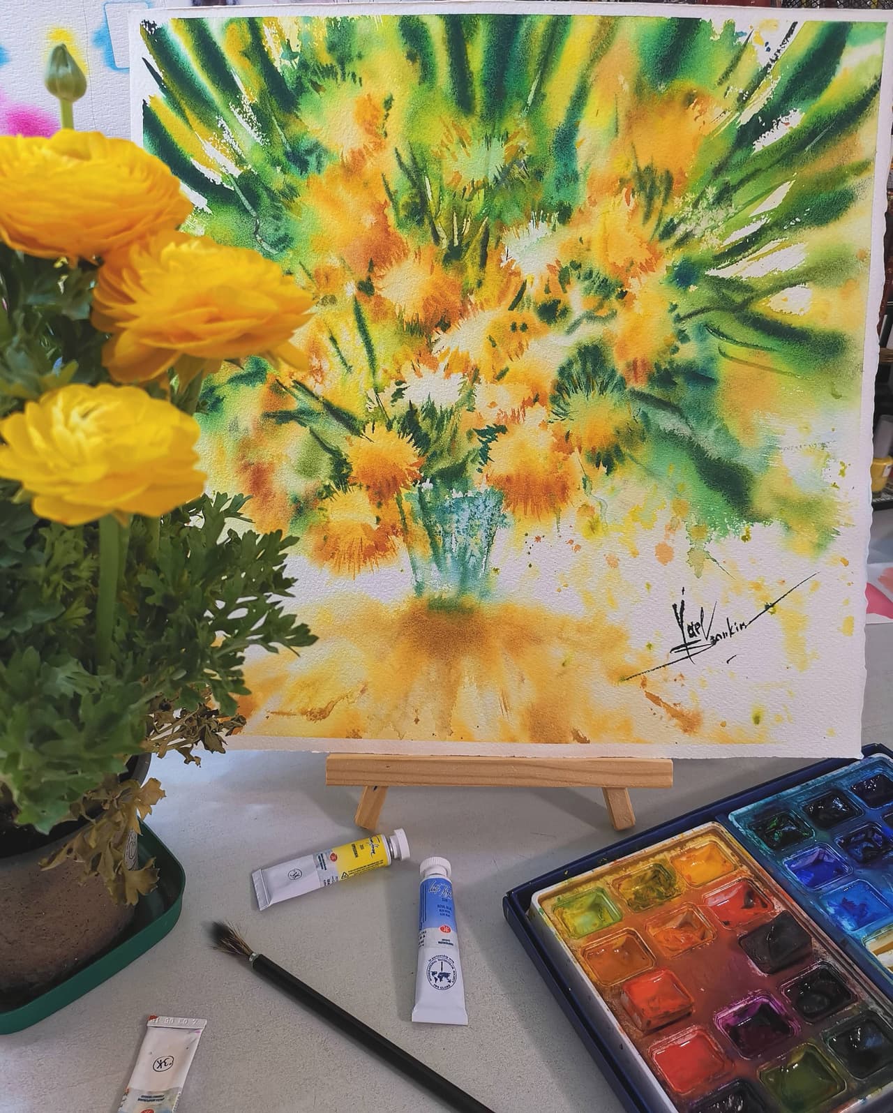 Original Watercolor Yellow Flowers Painting - Floral Wall Art — image 1