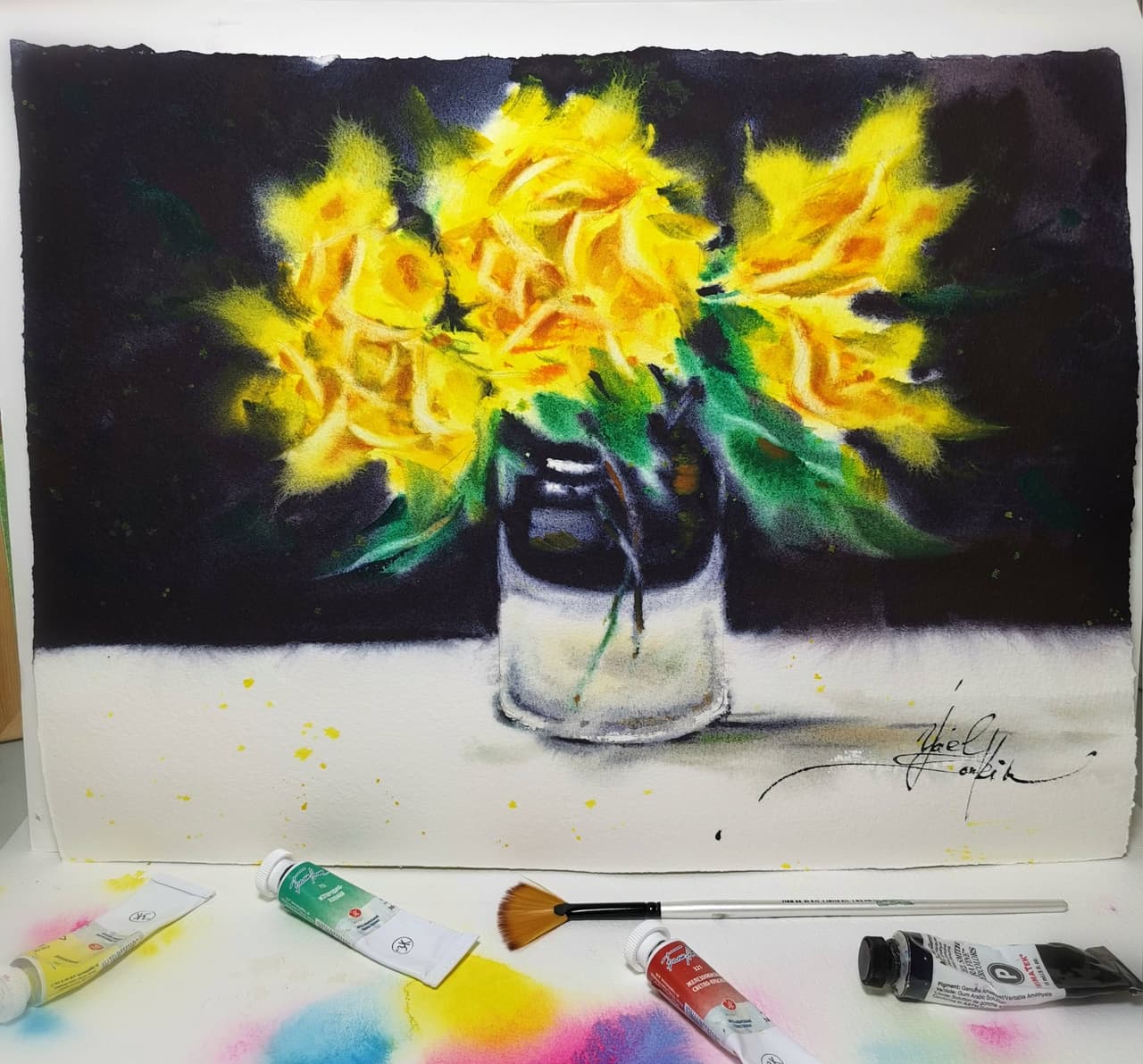 Yellow Roses on Dark Background - Original Watercolor Floral Painting — image 2