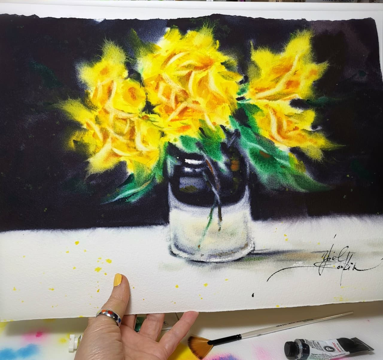 Yellow Roses on Dark Background - Original Watercolor Floral Painting — image 1