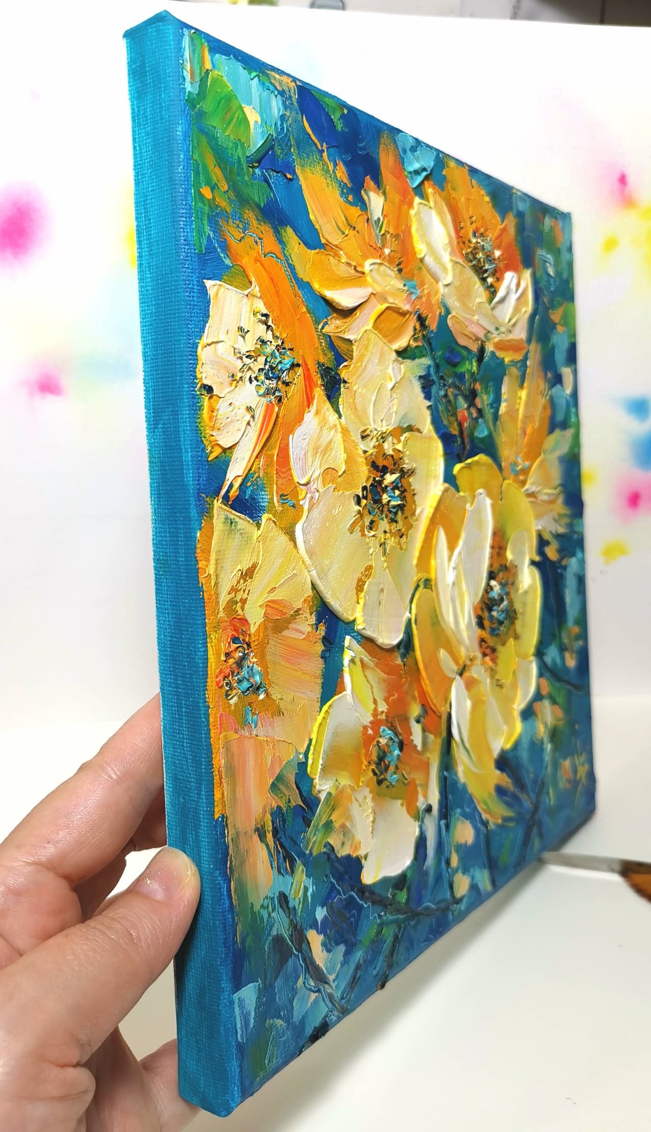 Original Impasto Oil Yellow Flowers Painting - Textured Floral Wall Art — image 2