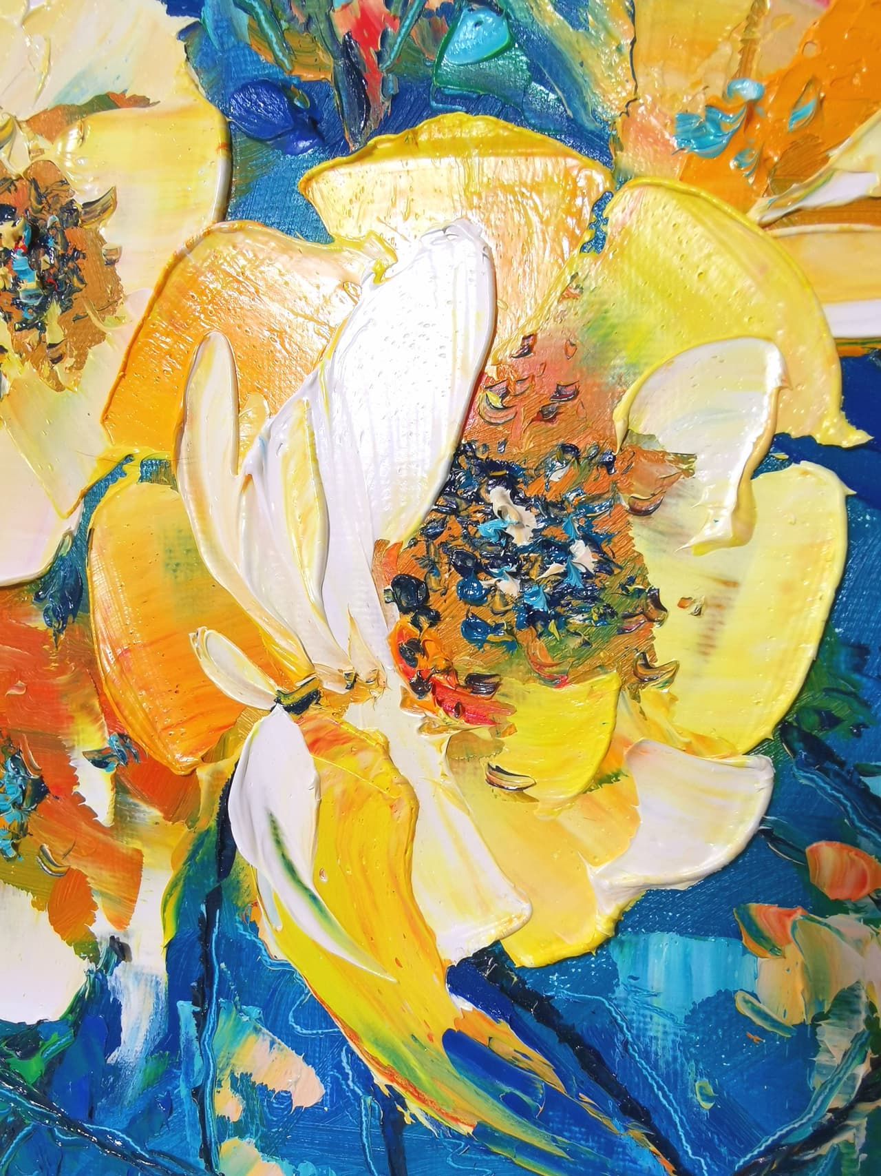 Original Impasto Oil Yellow Flowers Painting - Textured Floral Wall Art — image 3