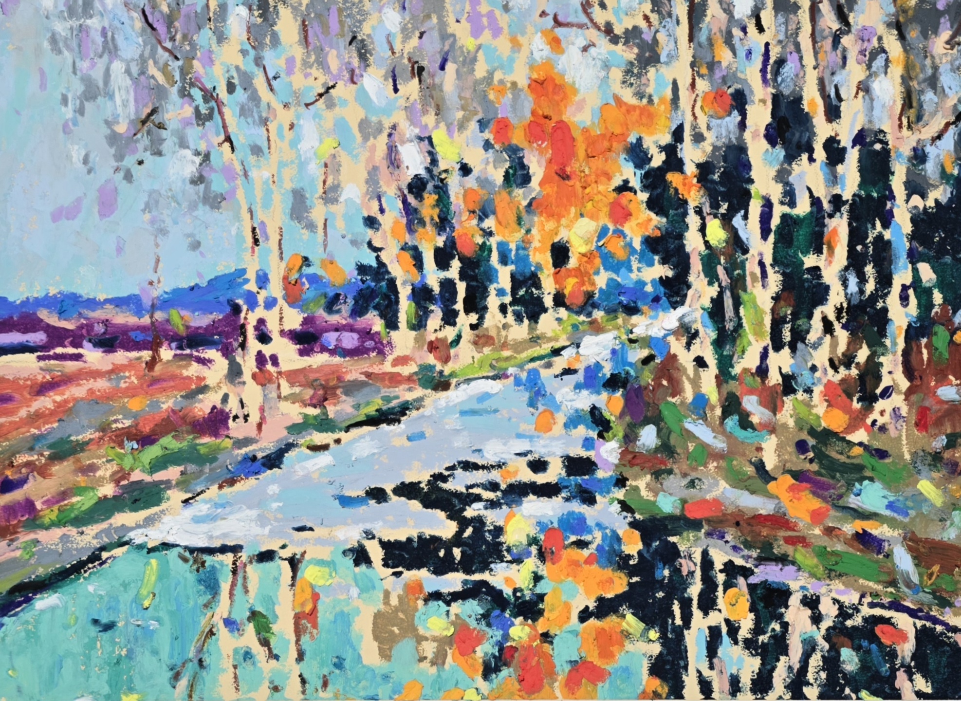 Original oil pastel painting by Yael Natali - birch forest path with autumn colors and reflections, impressionist landscape on 350 gsm paper, 9x12 inches