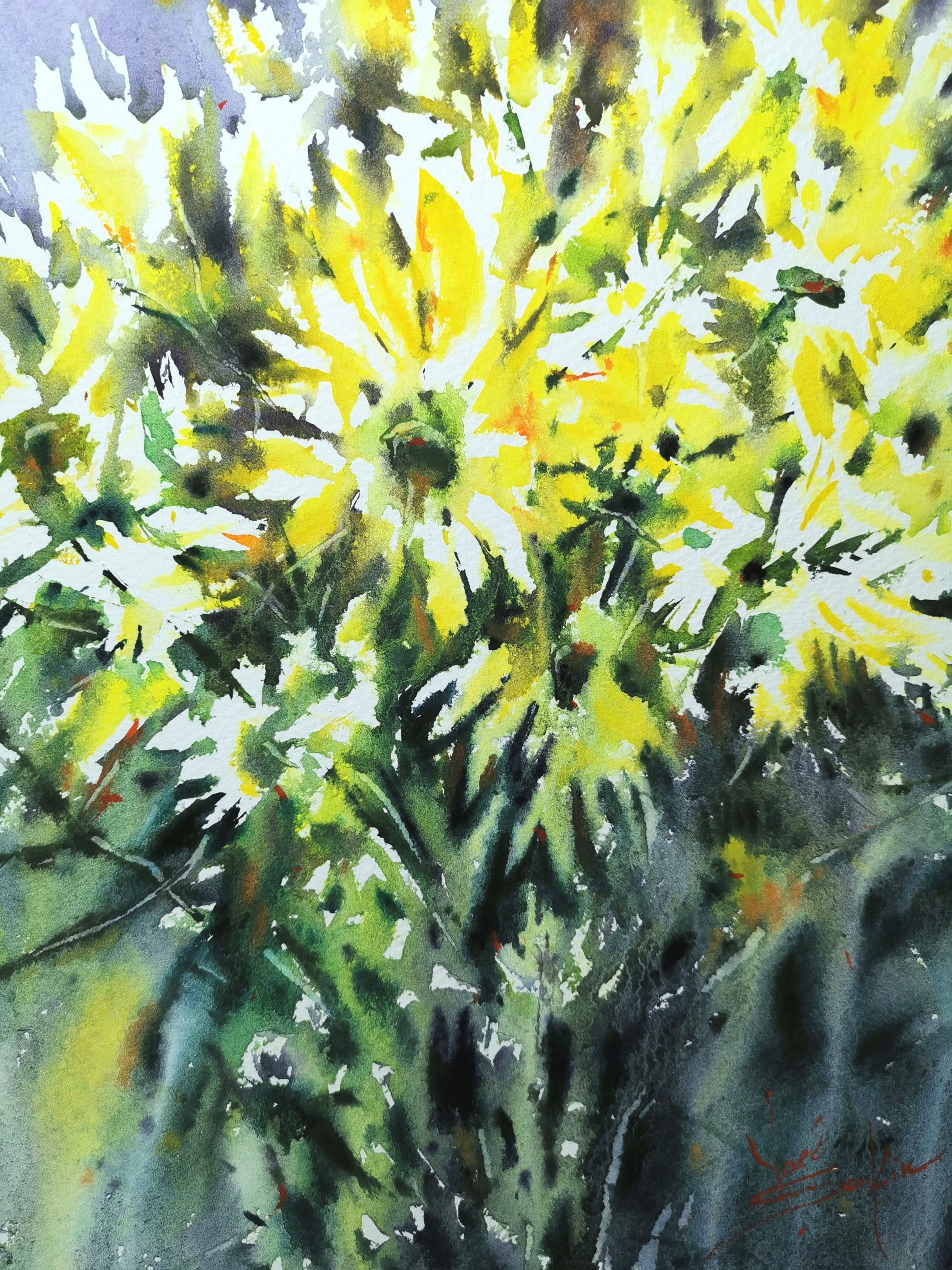 bright yellow daisies watercolor painting by Yael Natali, original floral art with sunlight and green foliage, expressive botanical wall decor, handmade watercolor artwork 15x11 inches