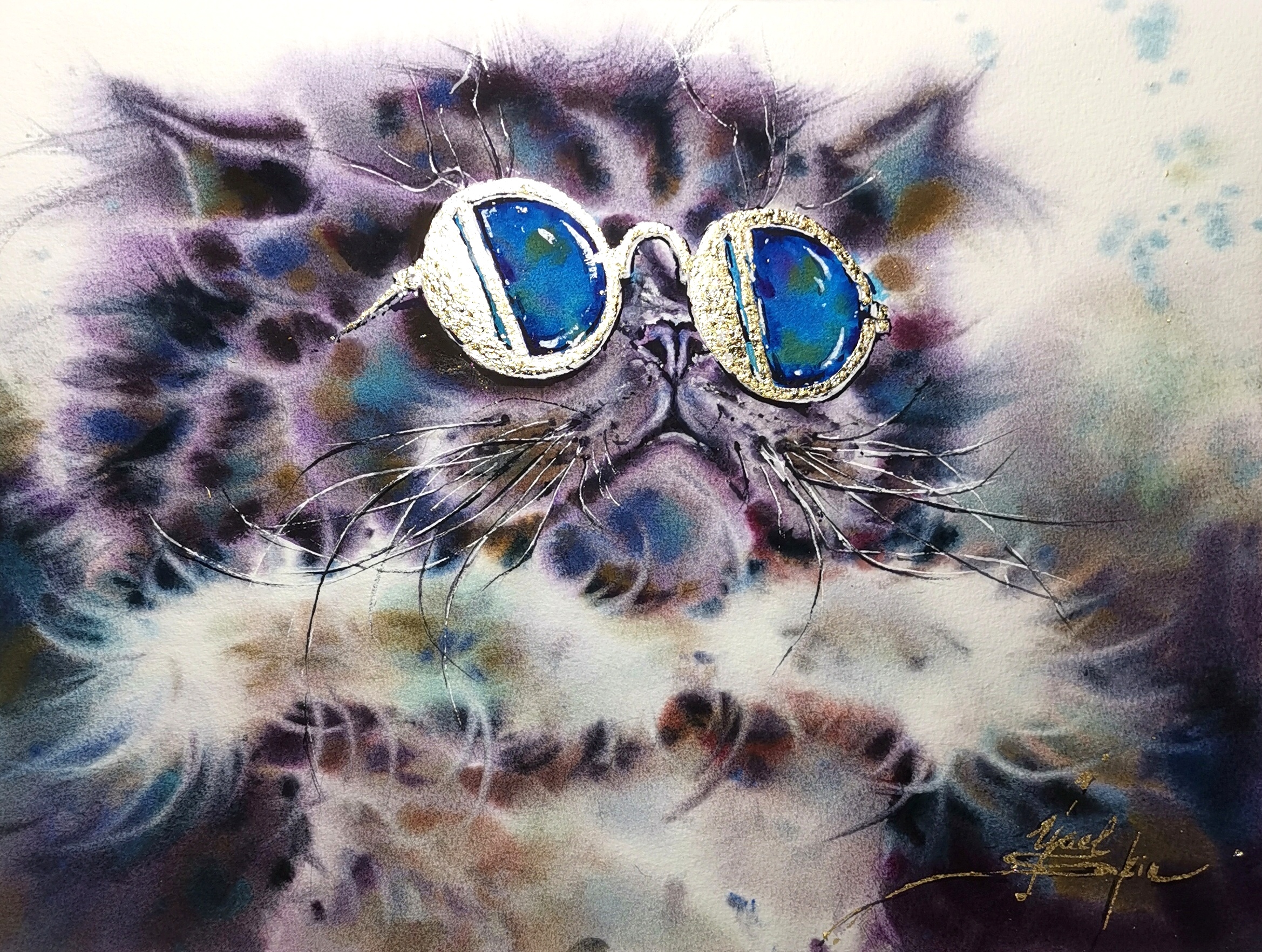 Original watercolor painting “Stylish Cat with Gold Glasses” by Yael Natali — fluffy cat wearing shiny blue sunglasses with real gold foil, modern animal art 11x15 inches