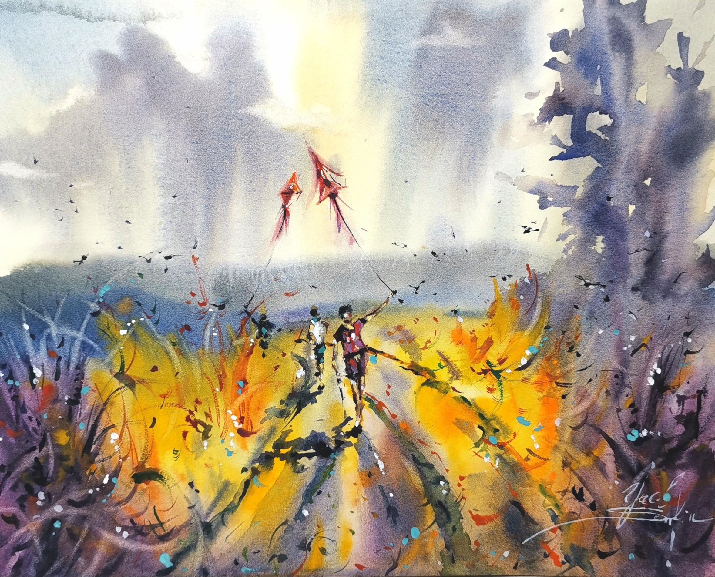 original watercolor painting of two figures flying red kites in a golden field under a dramatic sky, expressive landscape wall art, 9x12 inches