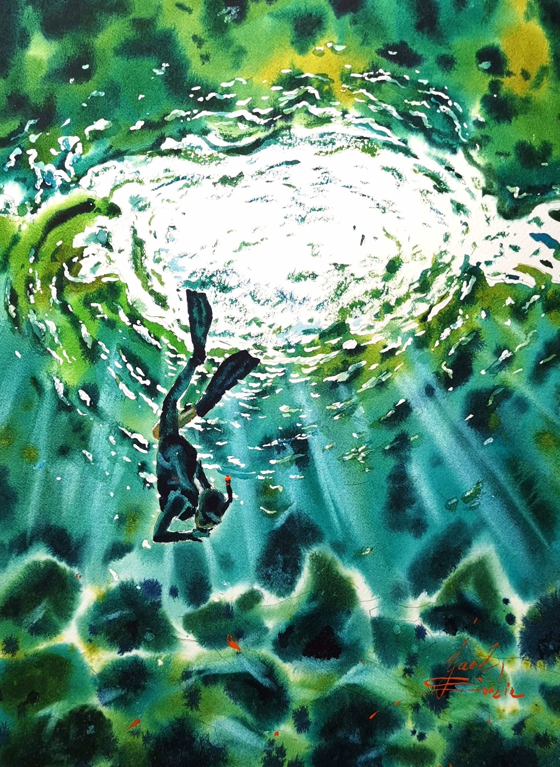 original watercolor painting of a freediver underwater, 12x9 inches, artistic depiction of freediving with sun rays and ocean light in shades of green, turquoise, and blue. Unique marine wall art for ocean and diving lovers