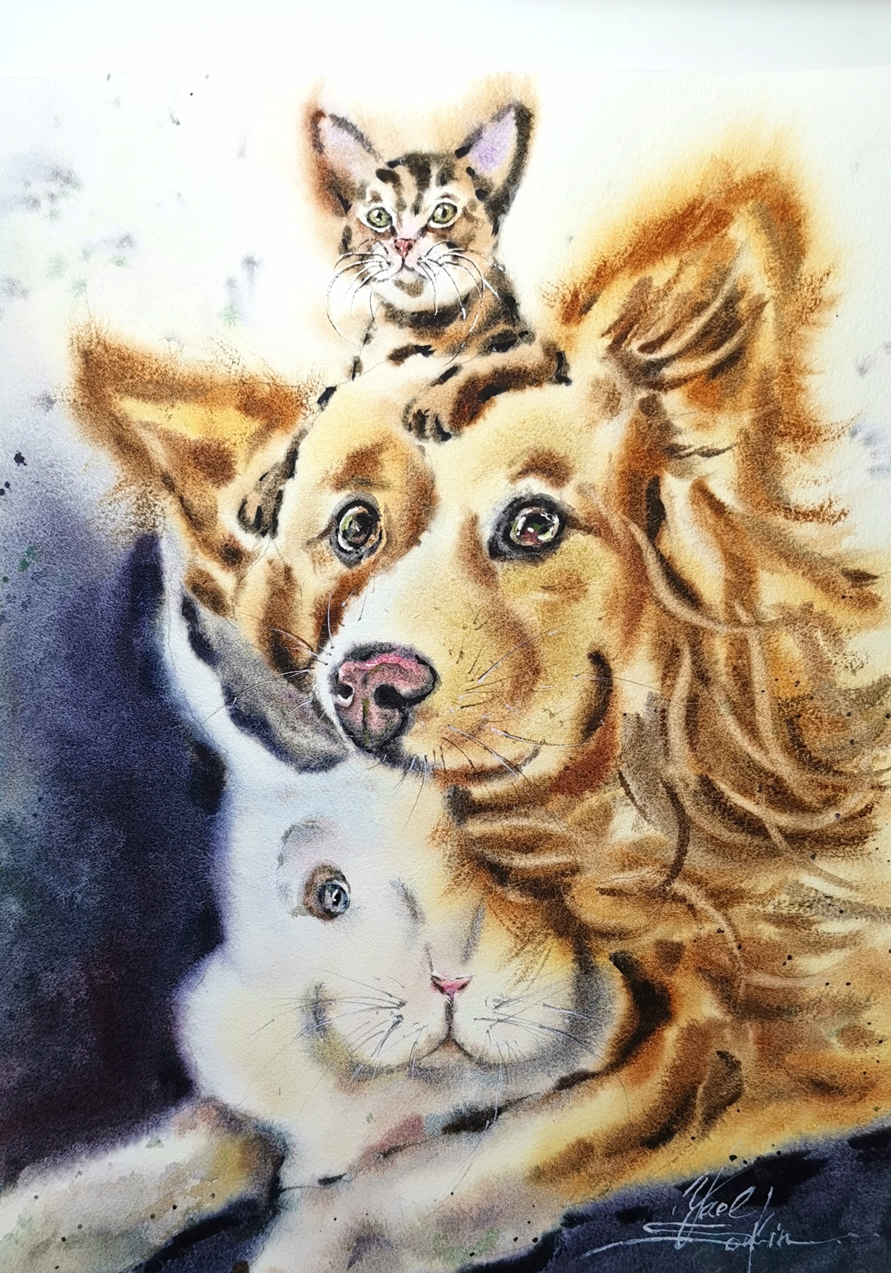 Original watercolor painting of a golden dog, cute kitten, and white rabbit by Yael Natali. Whimsical animal friendship artwork, bright pet portrait art for animal lovers, perfect for cozy home wall decor