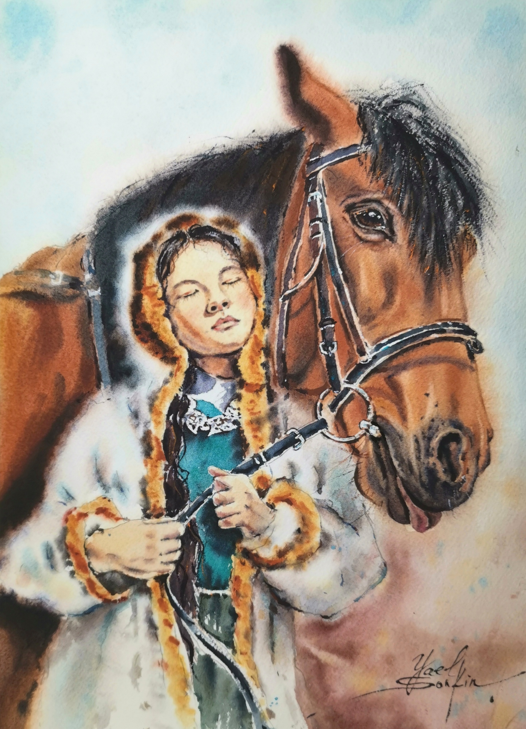 Original watercolor painting of a girl with a horse by Yael Natali — emotional equestrian artwork in warm tones, depicting a young woman in a fur coat standing beside her brown horse. Fine art watercolor for horse lovers, rustic countryside wall decor, handmade painting unframed