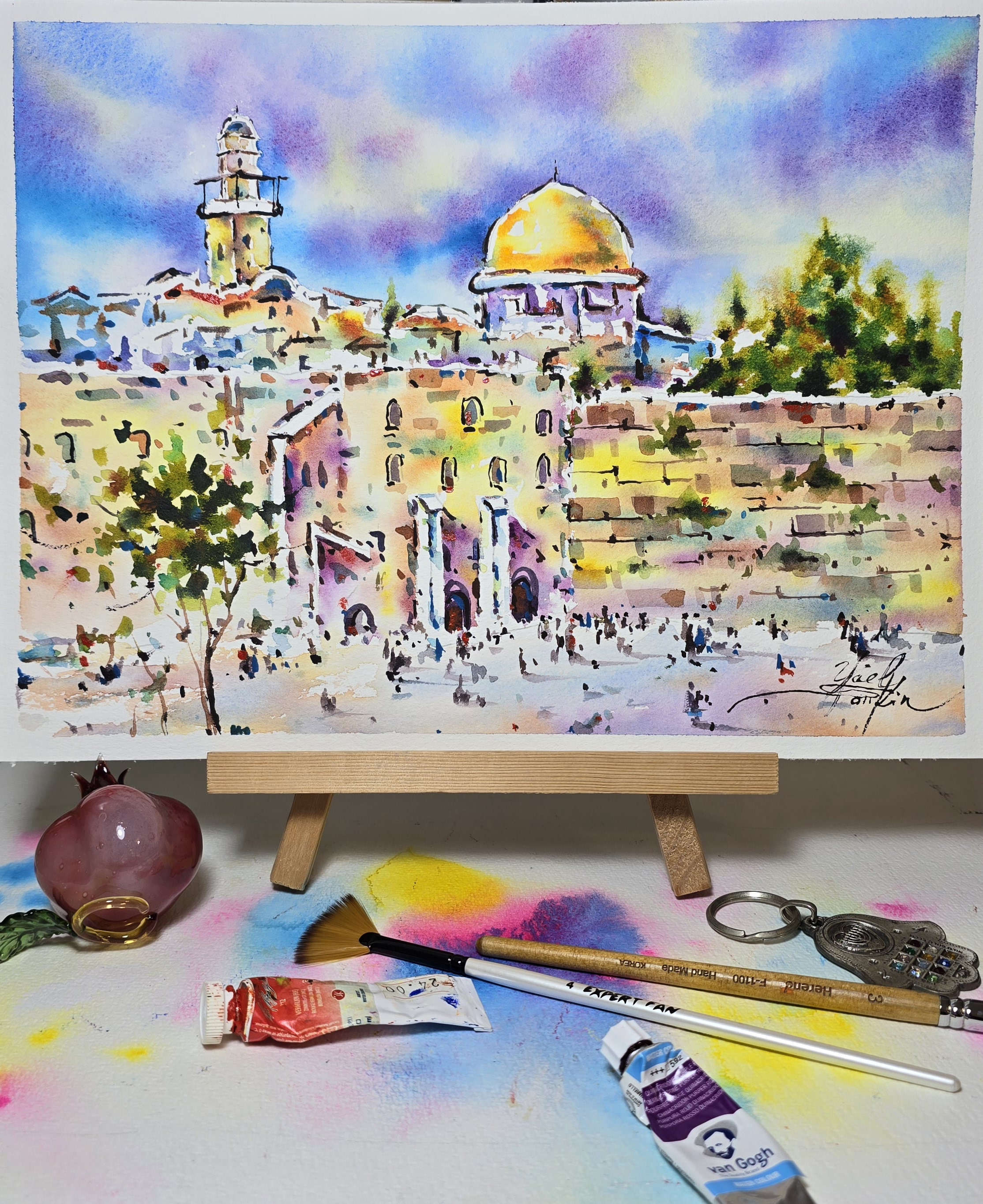original watercolor painting of jerusalem architecture with golden dome and western wall, holy city landscape artwork, signed by artist yael natali, unframed 9x12 inches