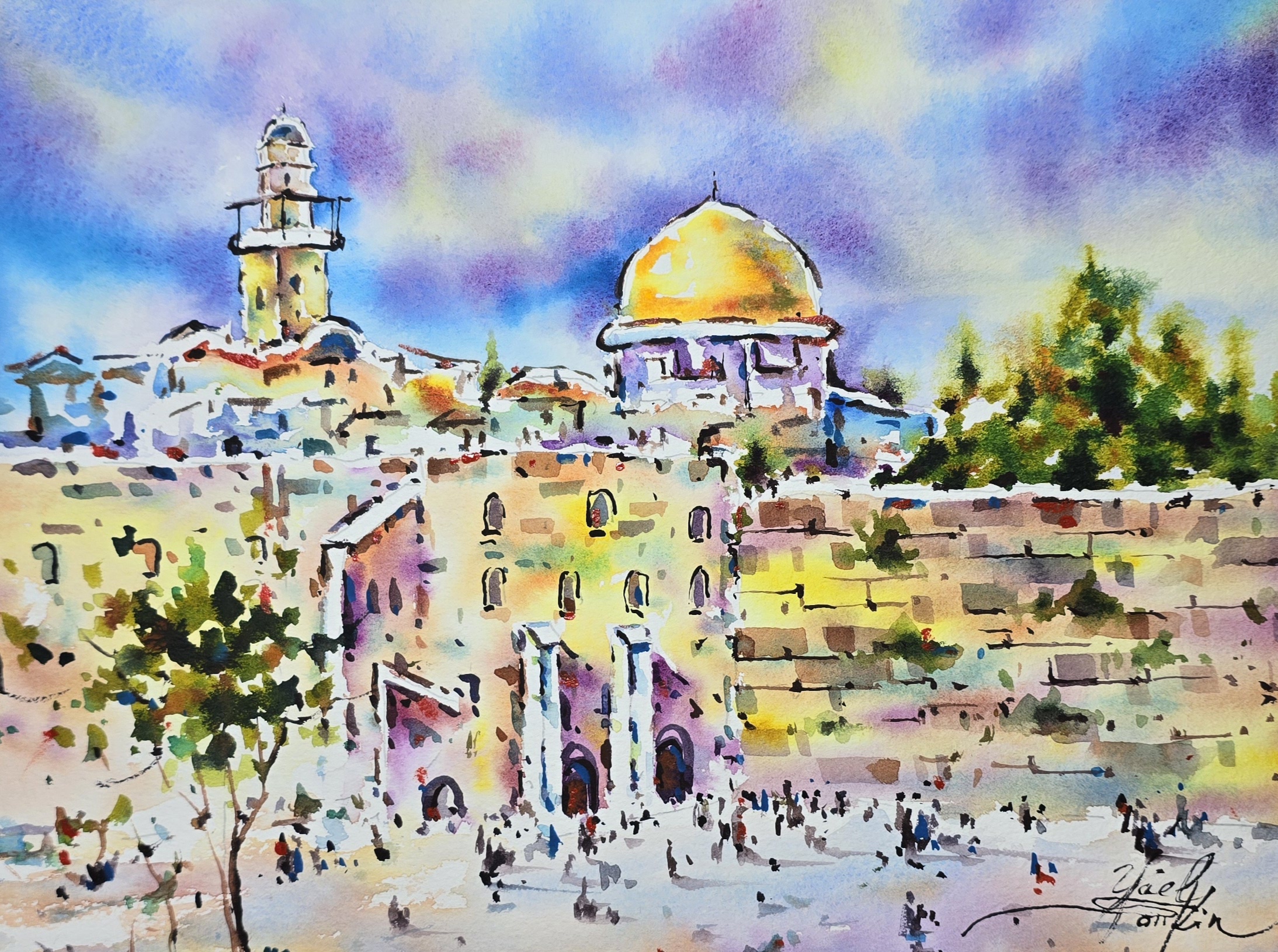 original watercolor painting, jerusalem architecture, golden dome, western wall, holy city landscape, 9x12 in, signed by artist, unframed