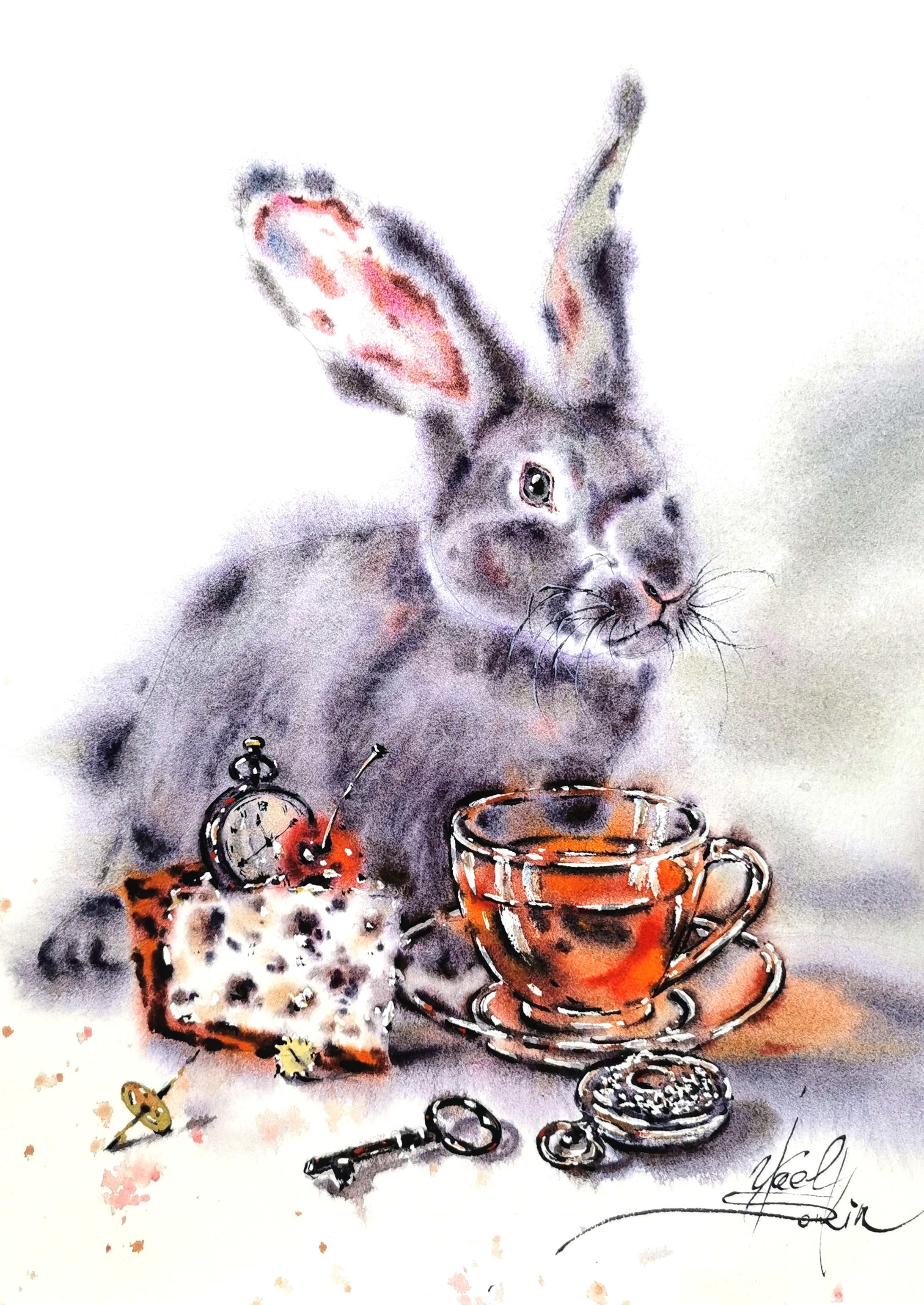 watercolor painting of a gray rabbit sitting beside a cup of tea, a slice of cake, a vintage pocket watch, and an old key — whimsical still life animal art by Yael Natali, original 12x9 inch watercolor