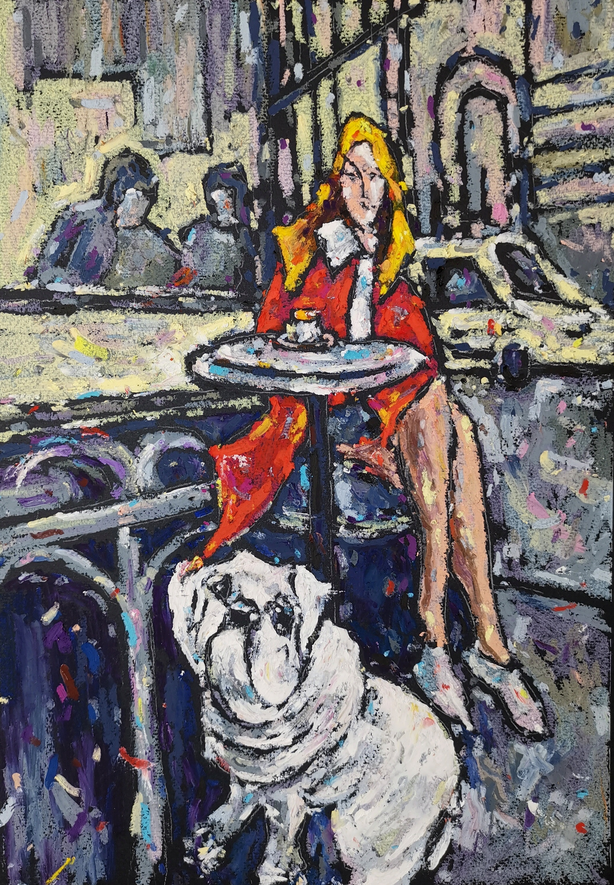 colorful oil pastel art of woman in red enjoying coffee at a street café with bulldog, urban lifestyle painting