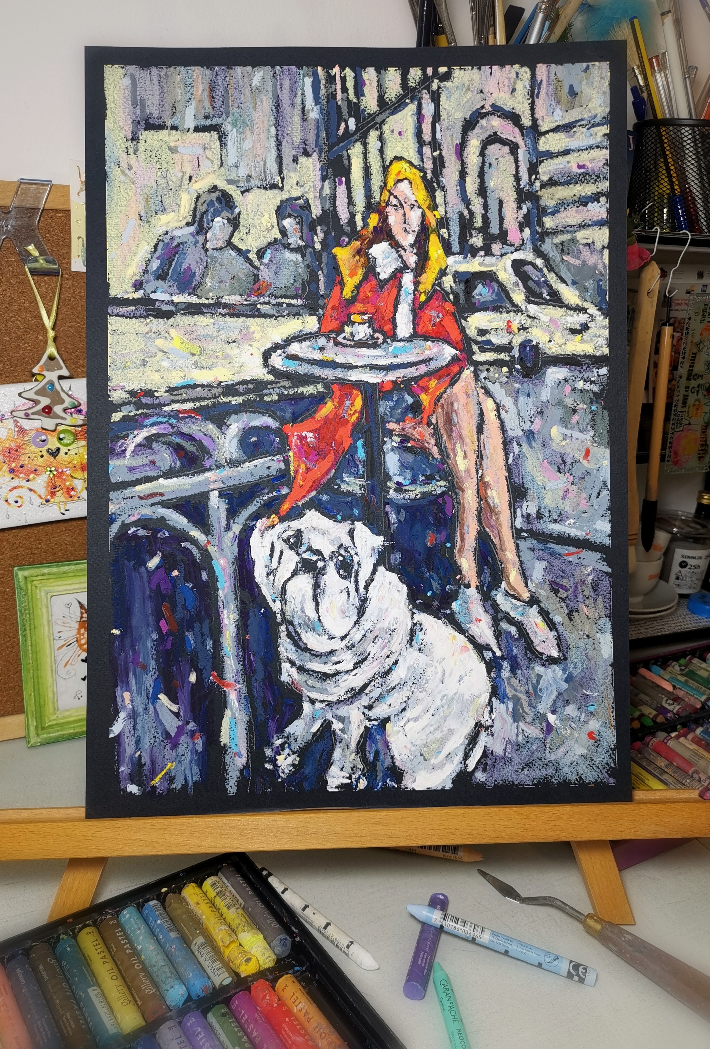 original oil pastel painting of a lady in a red dress sitting at a café table with a white bulldog, urban city scene, modern artwork