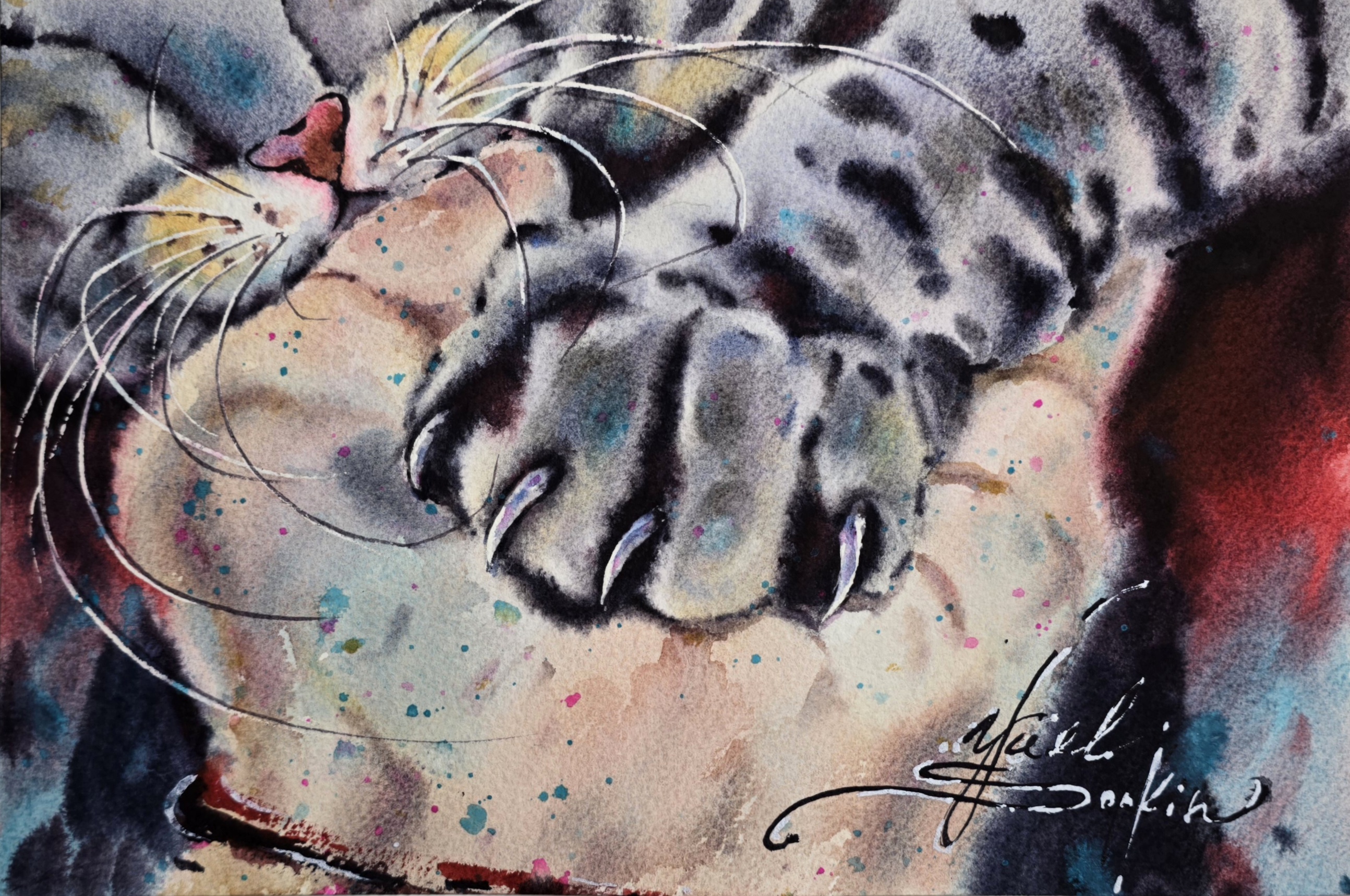 Original watercolor painting of a sleeping cat’s paw, close-up cozy animal art