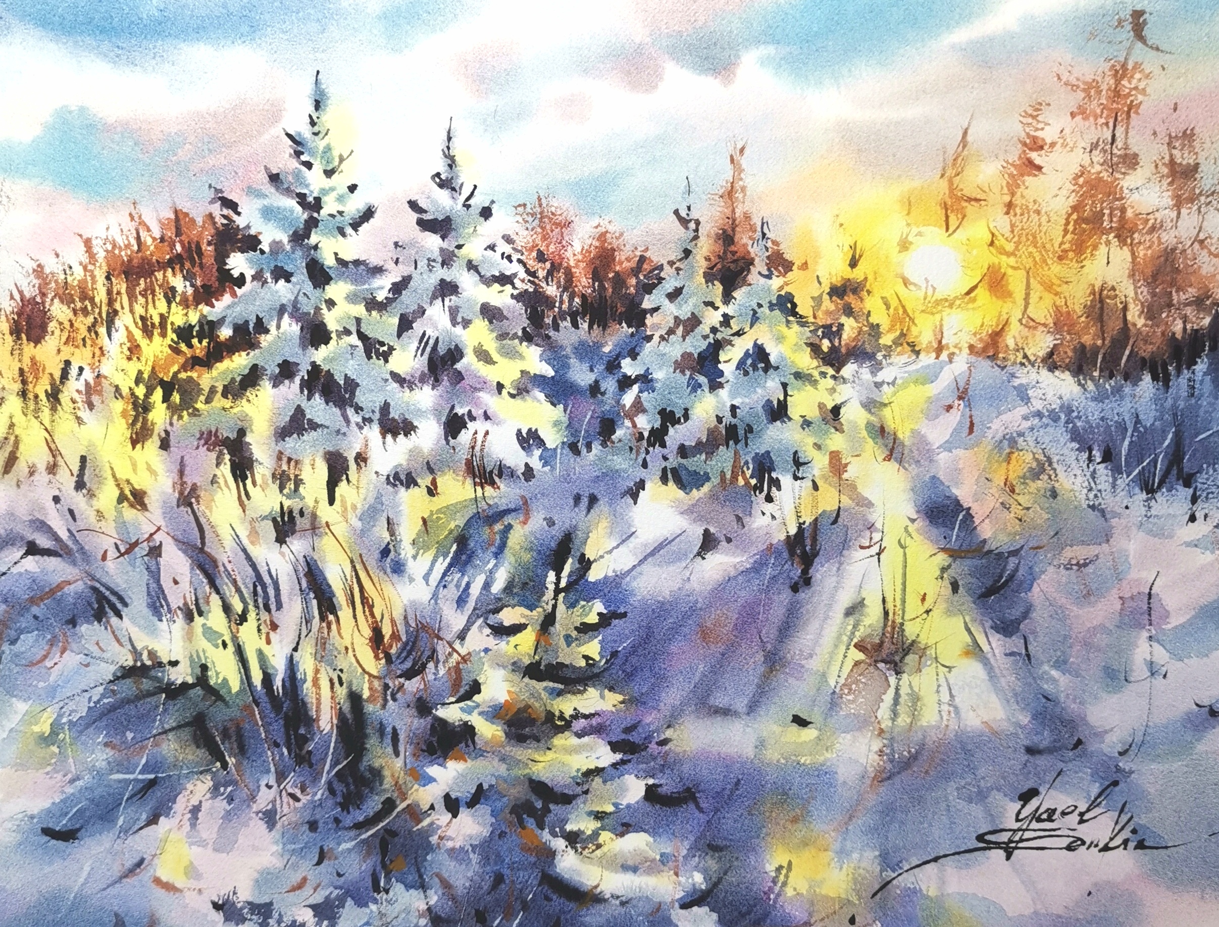 Golden Winter Sunrise watercolor painting by Yael Natali — original 9x12 inch winter landscape with snow-covered trees, golden sunlight, and soft blue shadows. Peaceful morning nature artwork, fine art wall decor for home or office