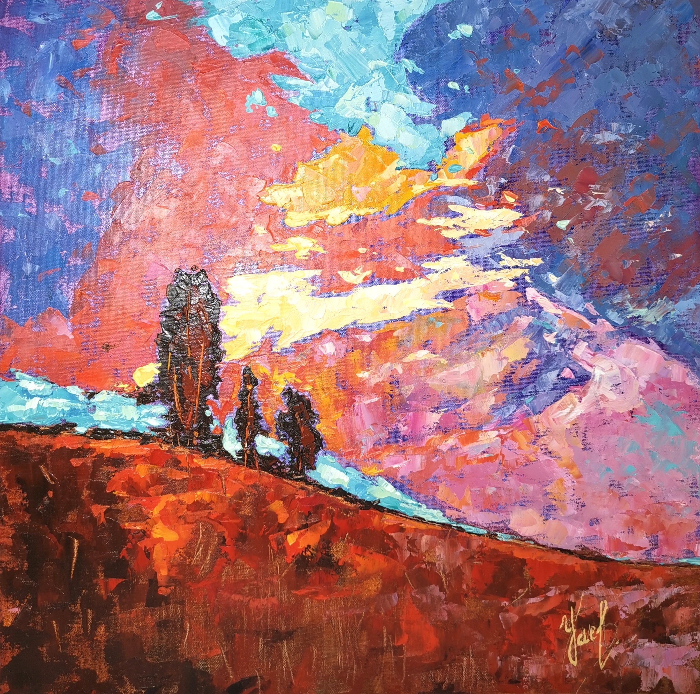 original impasto oil painting on canvas, abstract sunset landscape with colorful sky and trees, 19.5x19.5 inches