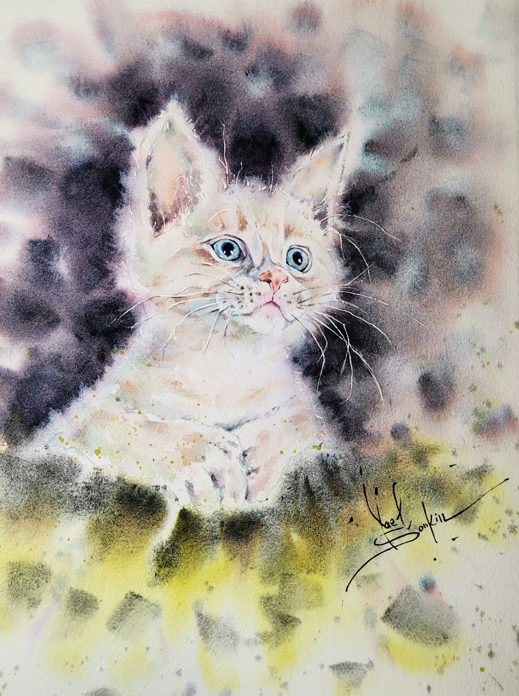 original watercolor painting of a kitten with blue eyes, dreamy cat portrait animal wall art, 15x11 inches (38x28 cm), handmade artwork by Yael Natali
