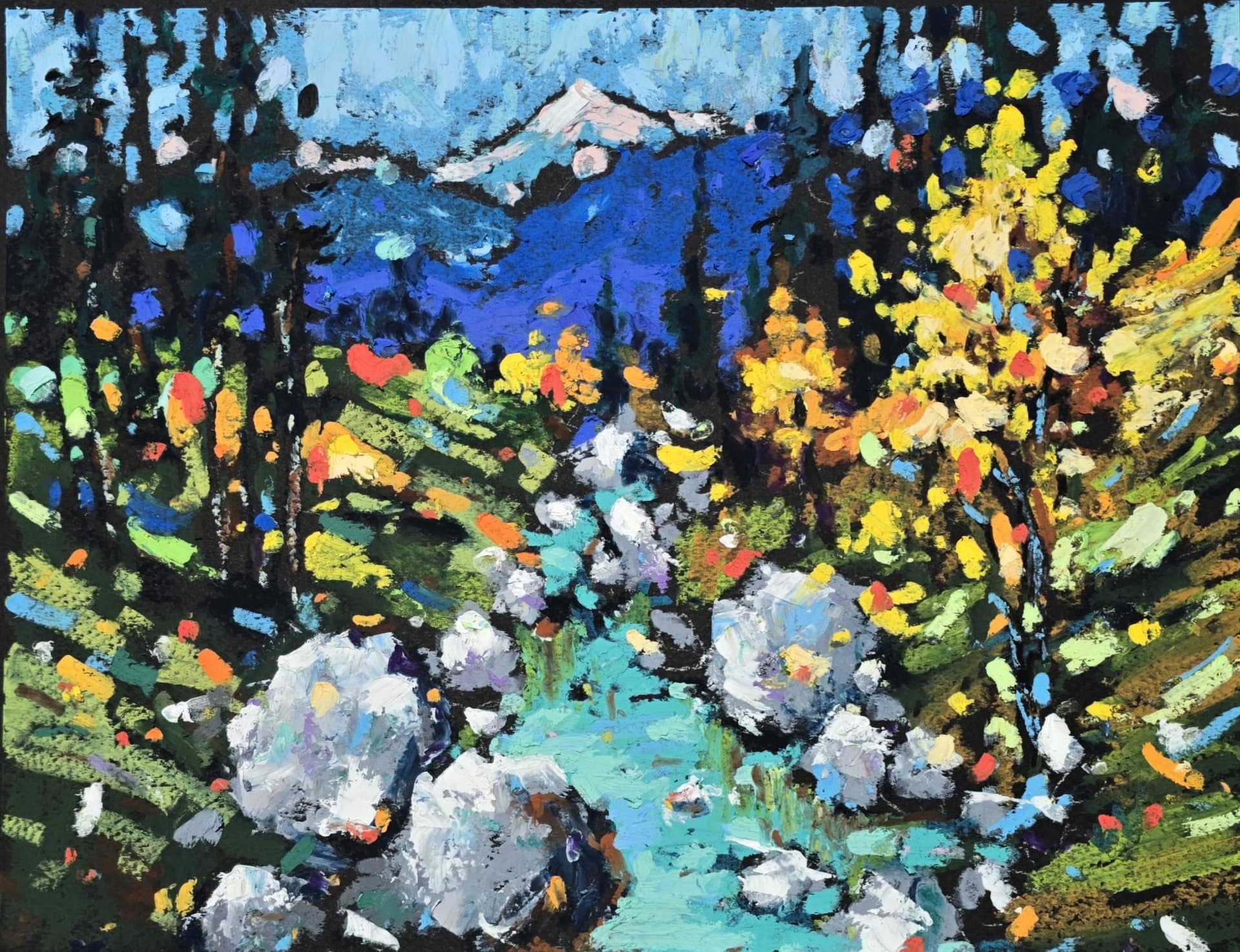 Original oil pastel painting by Yael Natali - colorful autumn mountain landscape with river, yellow trees, and rocky hills, impressionist nature artwork on black paper