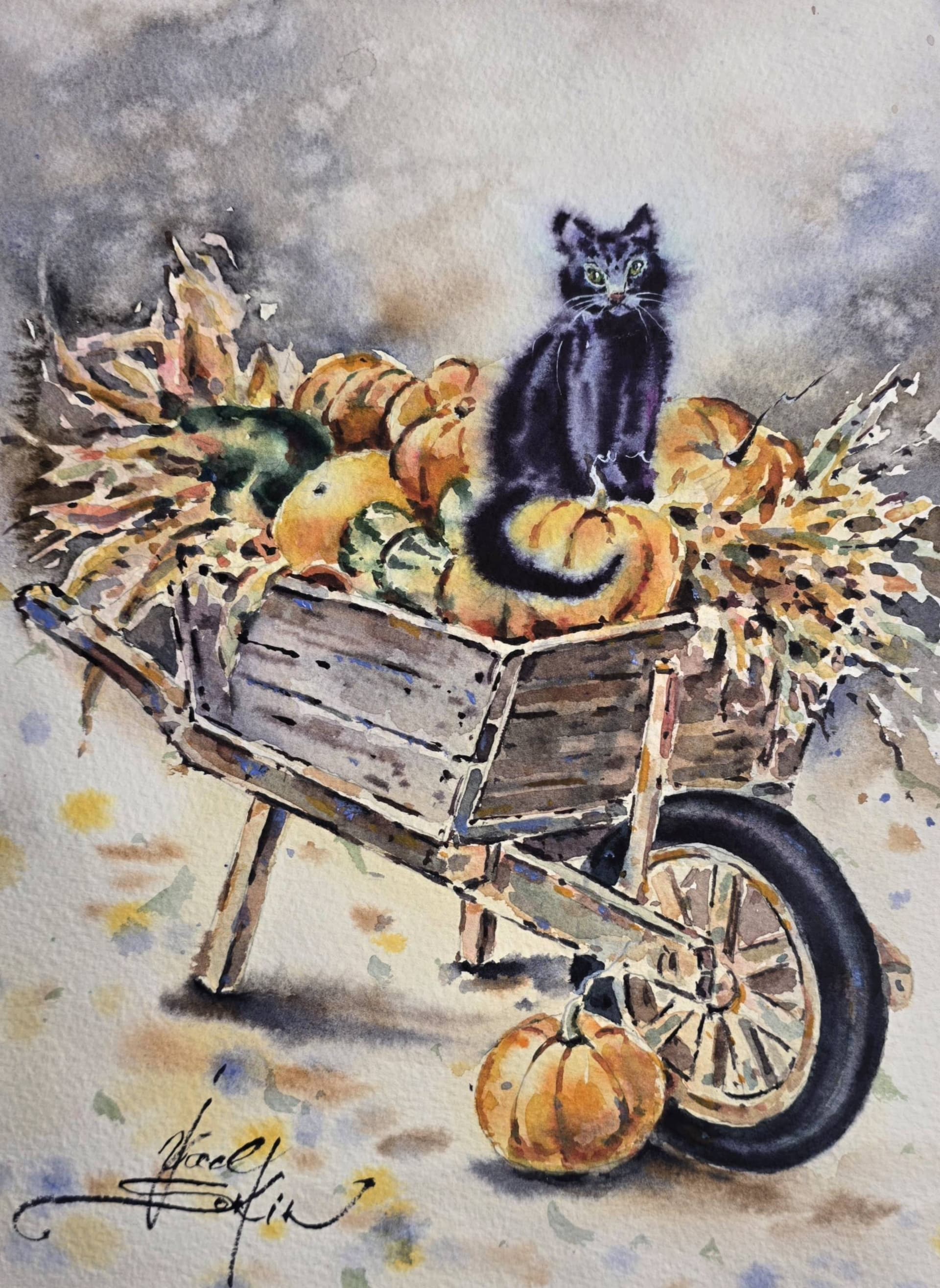 Original watercolor painting of a black cat sitting among pumpkins in a rustic wooden cart, autumn art