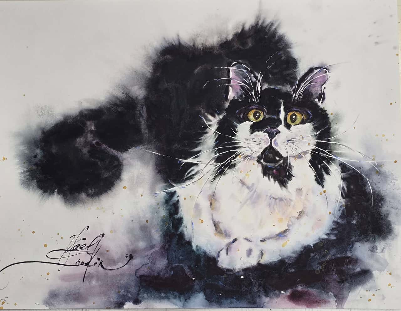 Black Fluffy Cat Wall Art - Original Watercolor Painting