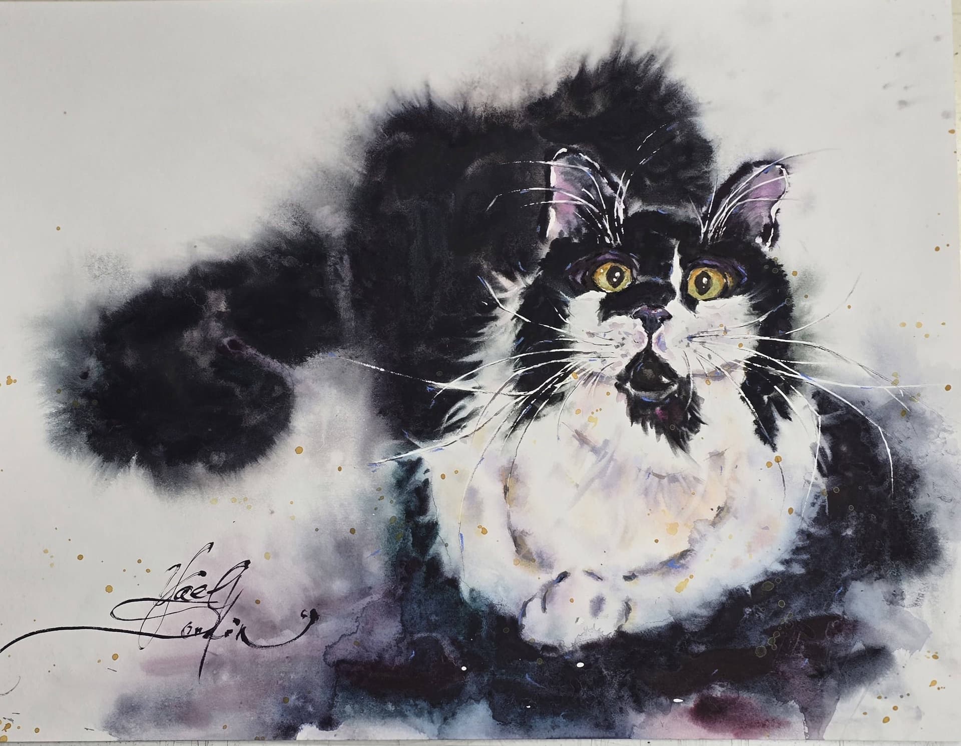 original watercolor painting captures the beauty and charm of a black fluffy cat with striking golden eyes by artist Yael Natali