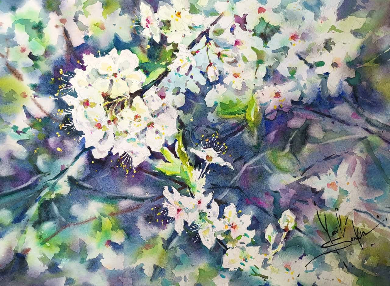 Original Watercolor Blossoming Tree in Spring Painting - Floral Wall Art