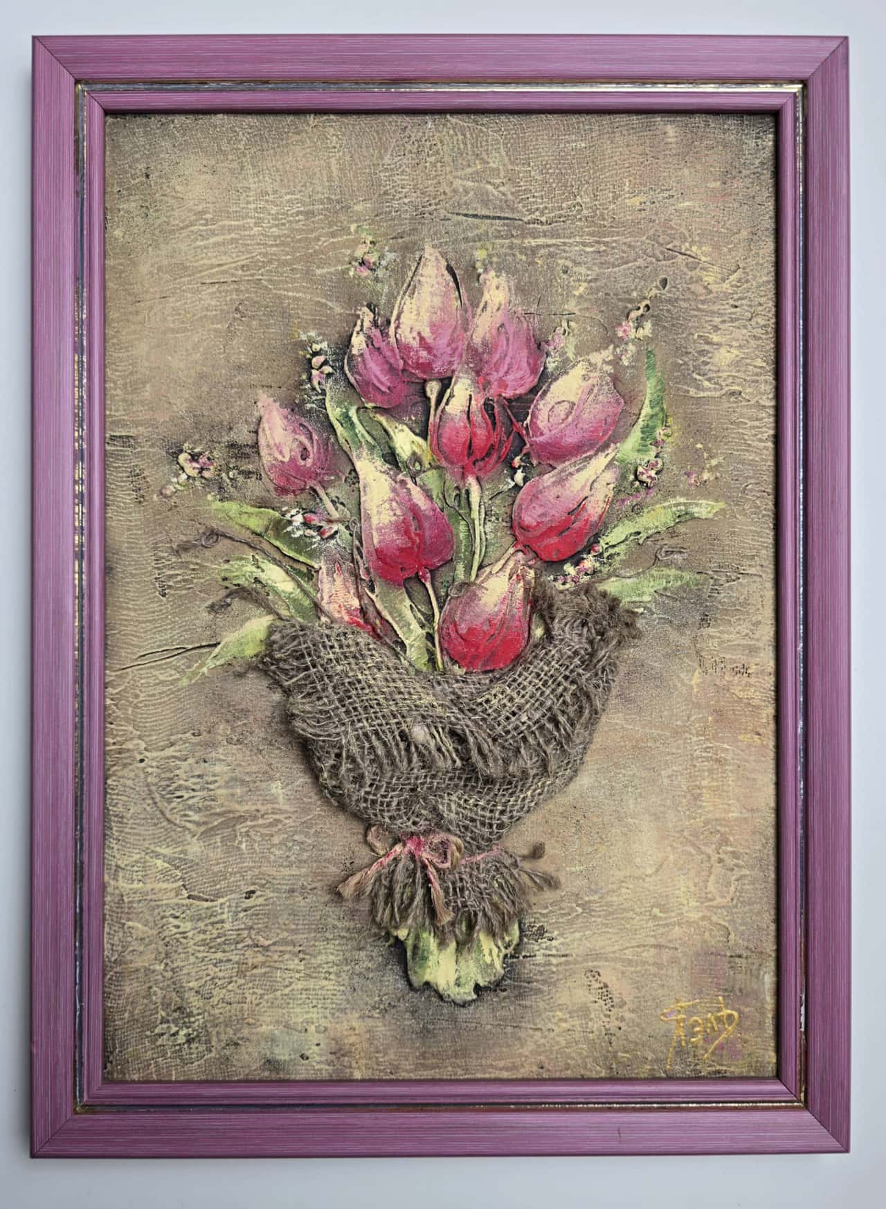 Tulip Wall Art, Framed Wall Art for Living Room, Mixed Media Painting