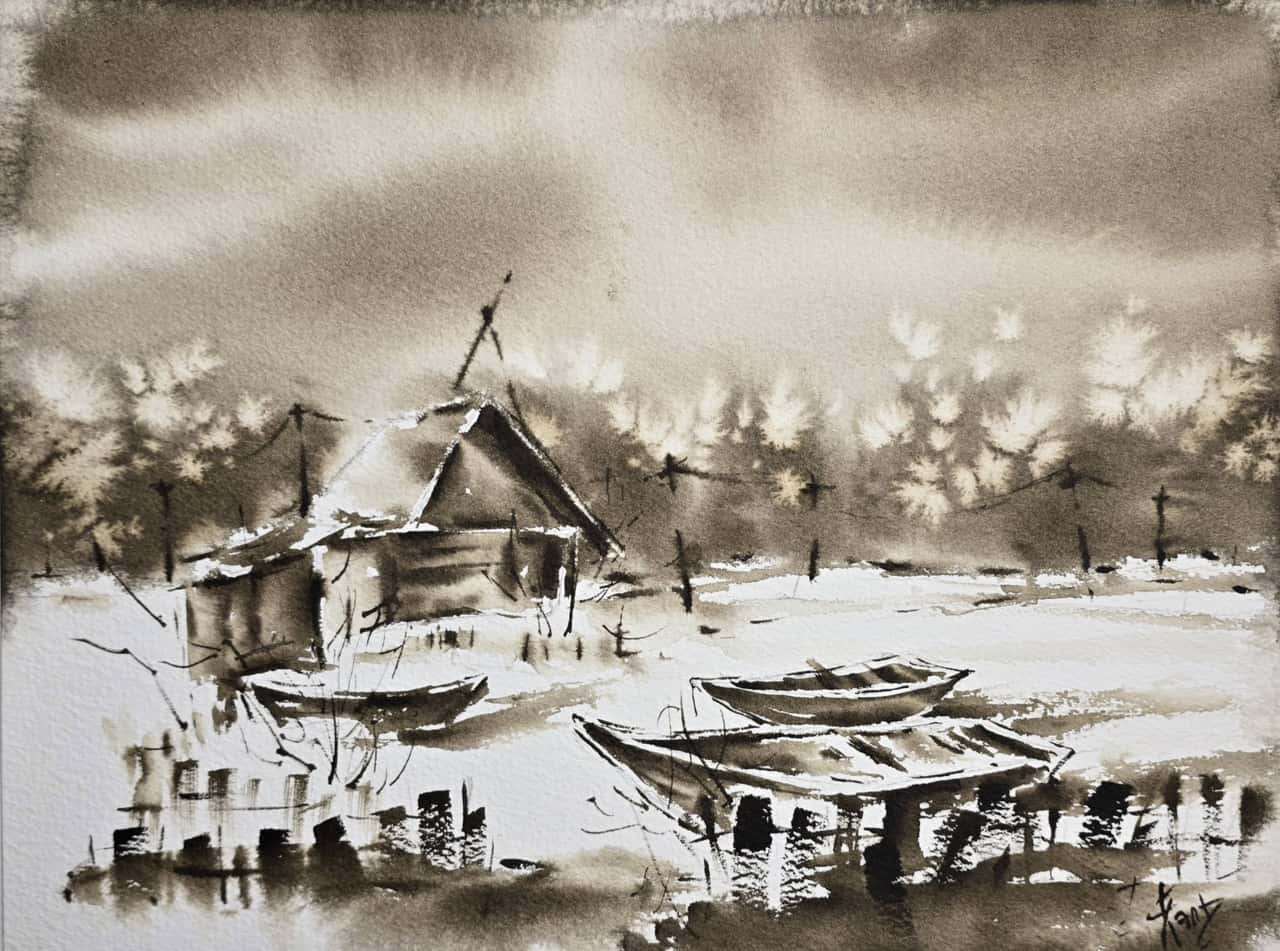 Monochrome Winter Village Watercolor - Original Snow Landscape Wall Art