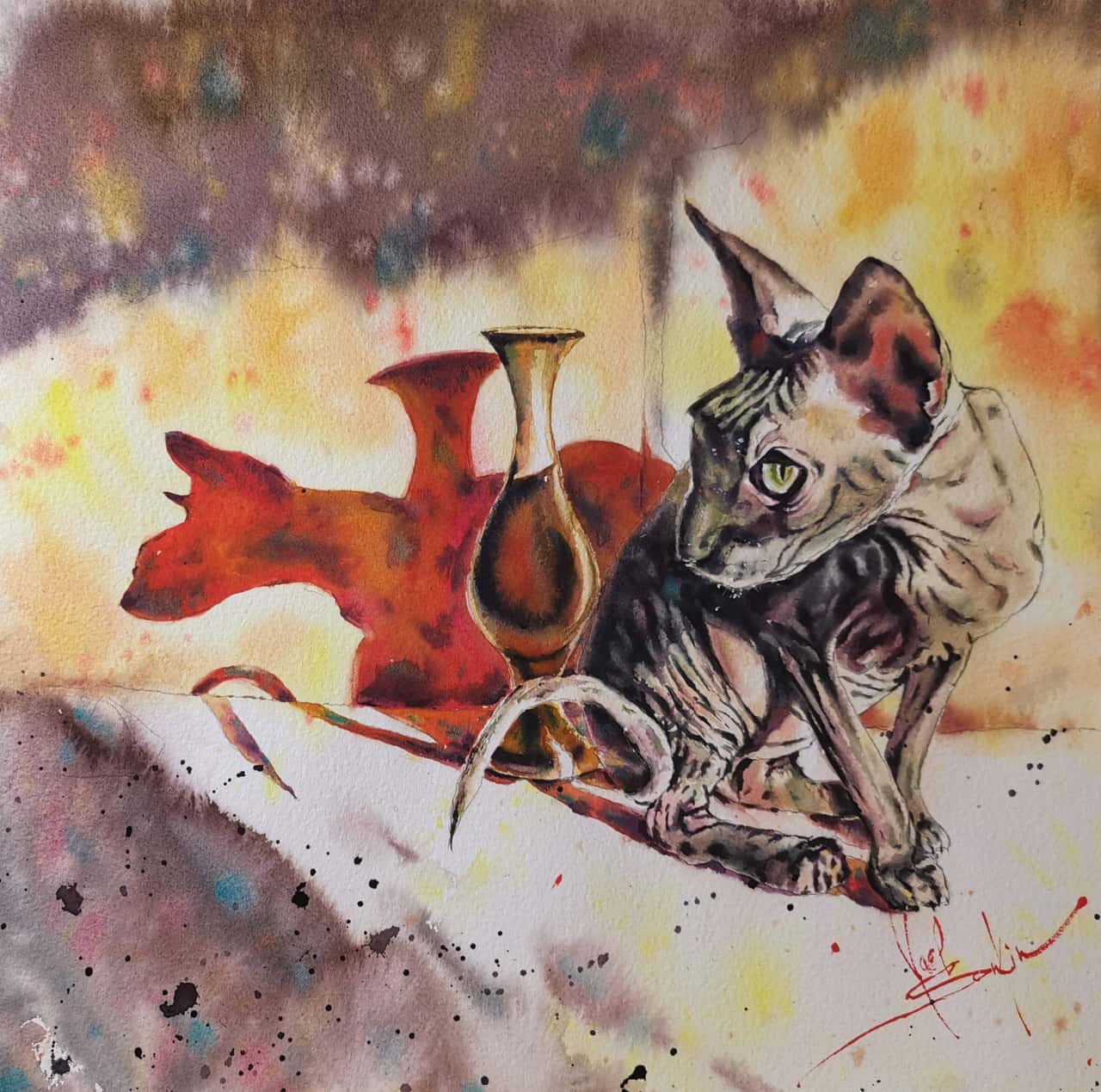 Original Watercolor Sphynx Cat Painting - Pet Portrait Wall Art