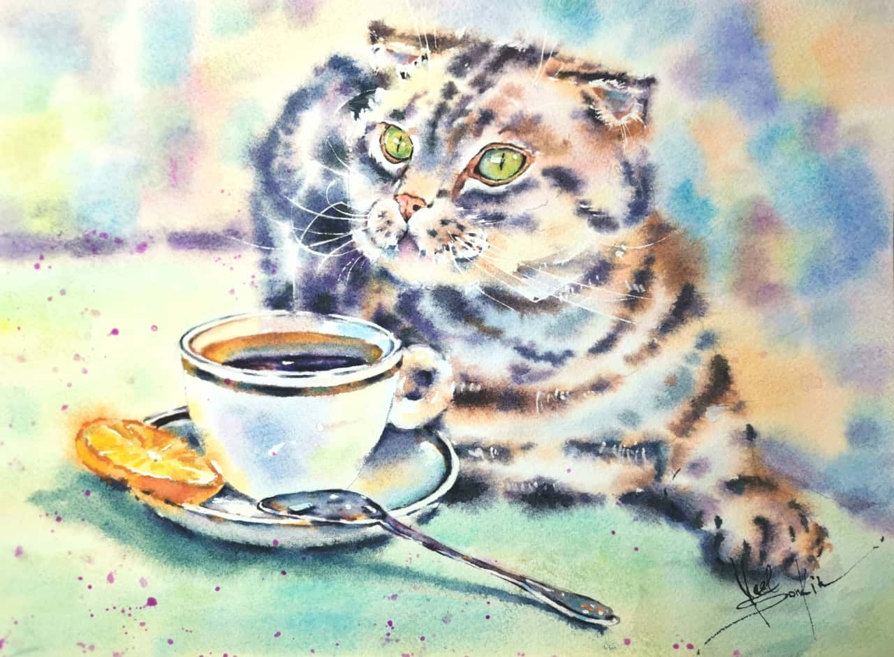 Original WAtercolor Cat Painting - Breakfast Time Wall Art