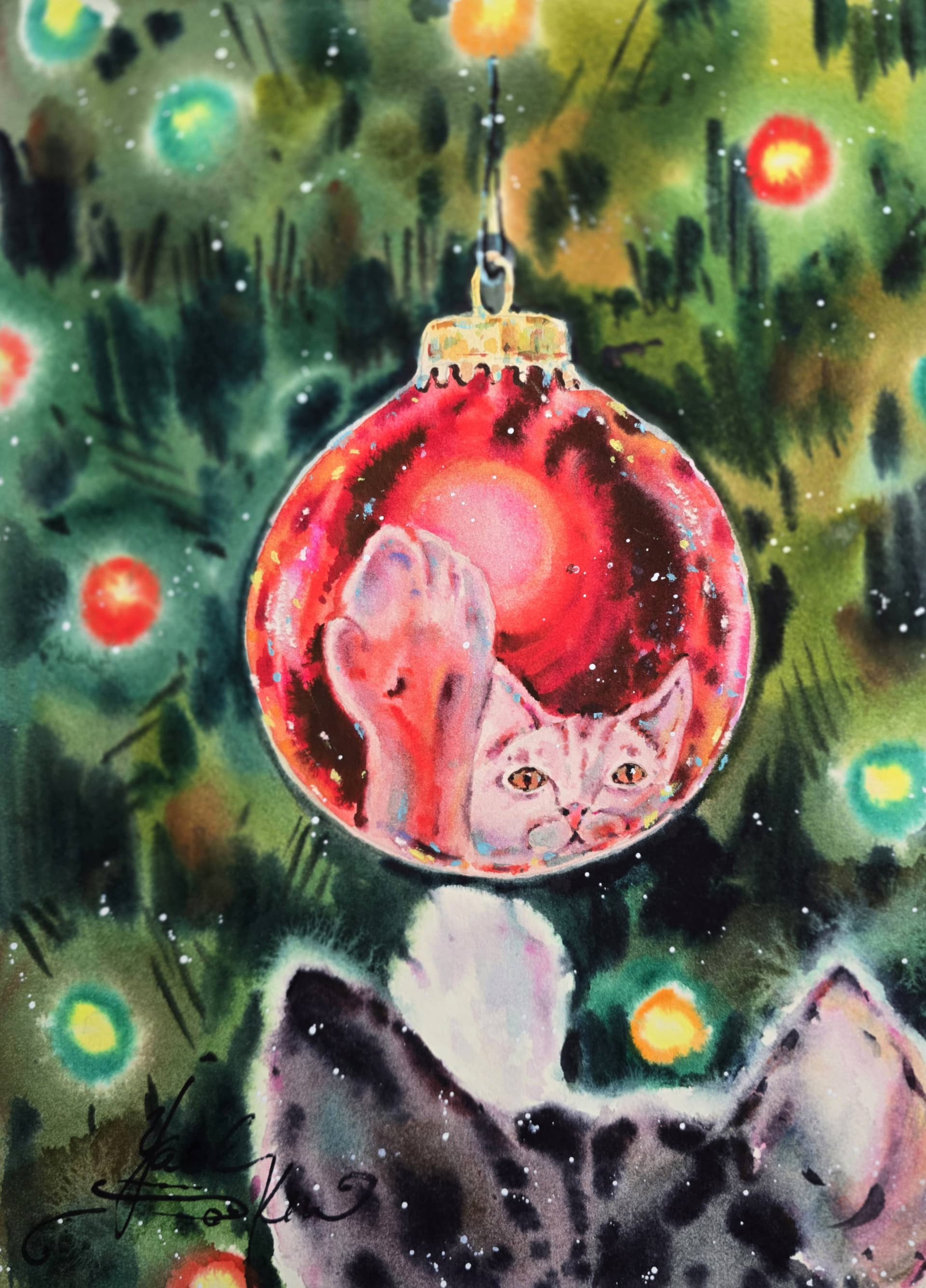 christmas cat watercolor painting, cat inside red ornament, festive holiday art by artist Yael Natali