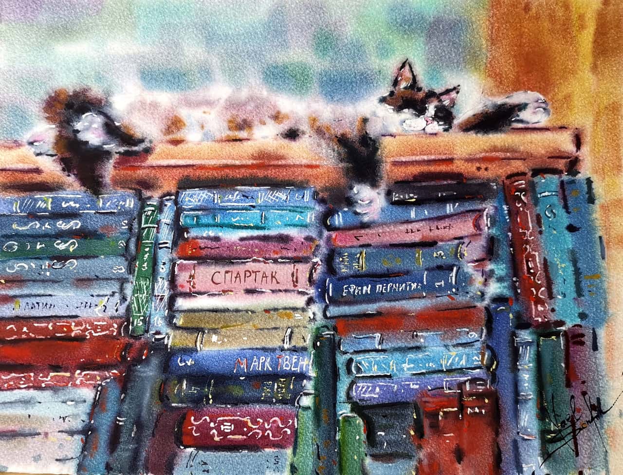 Cat Painting Original Watercolor Vintage Book Artwork